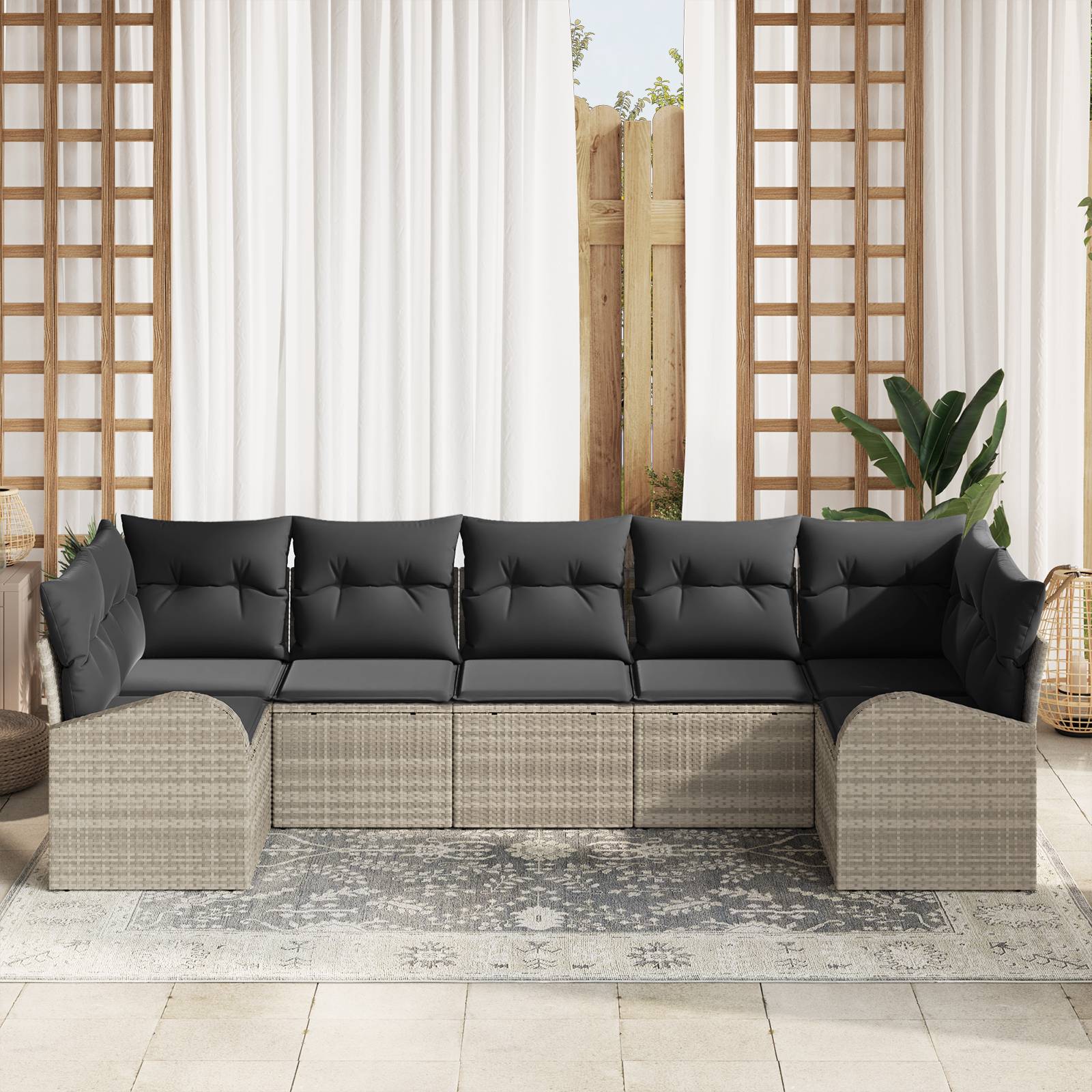 vidaXL 7-teiliges Gartenloungeset mit Kissen Hellgrau Poly Rattan