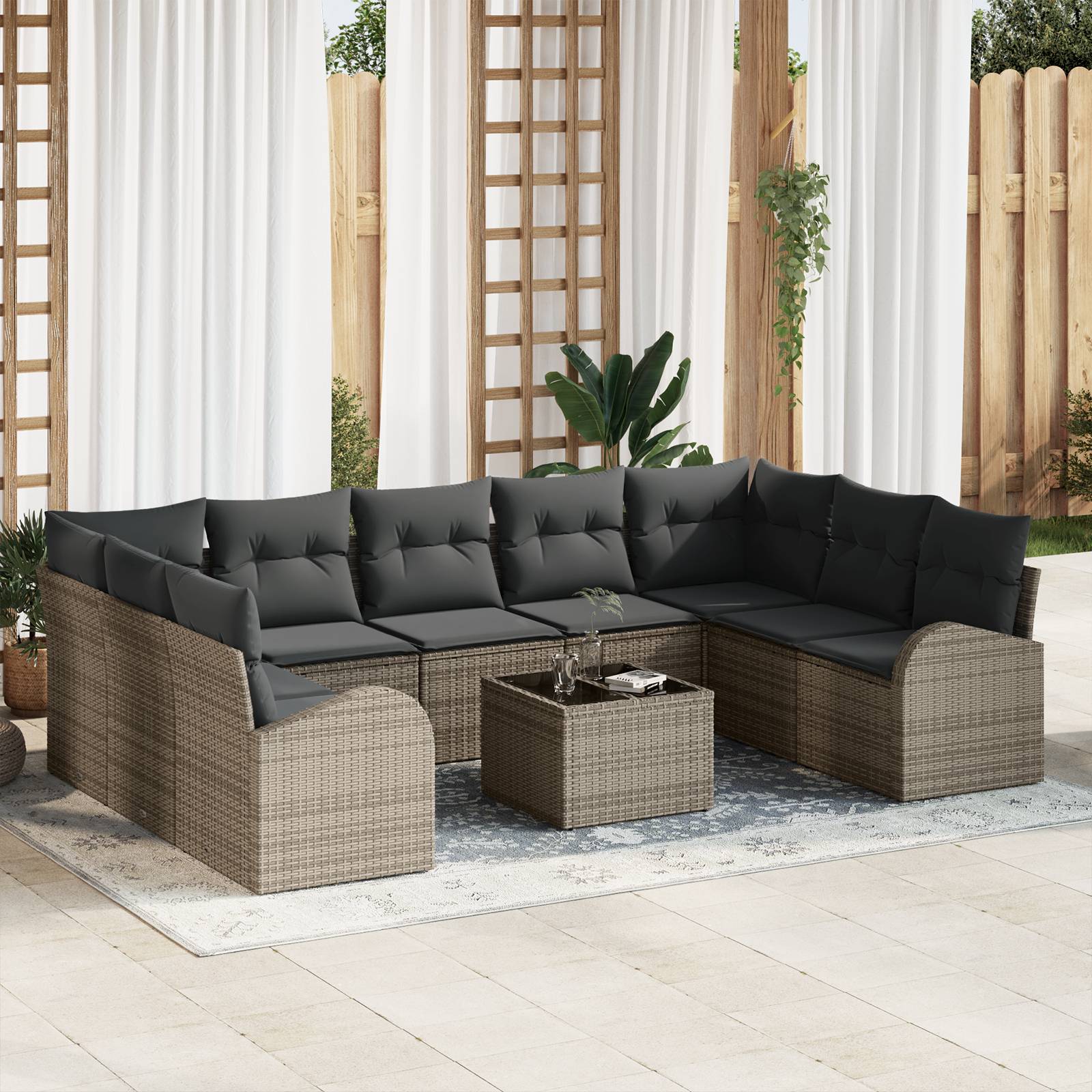 vidaXL 9-teiliges Garten Sofa Set mit Kissen Schwarz Poly Rattan