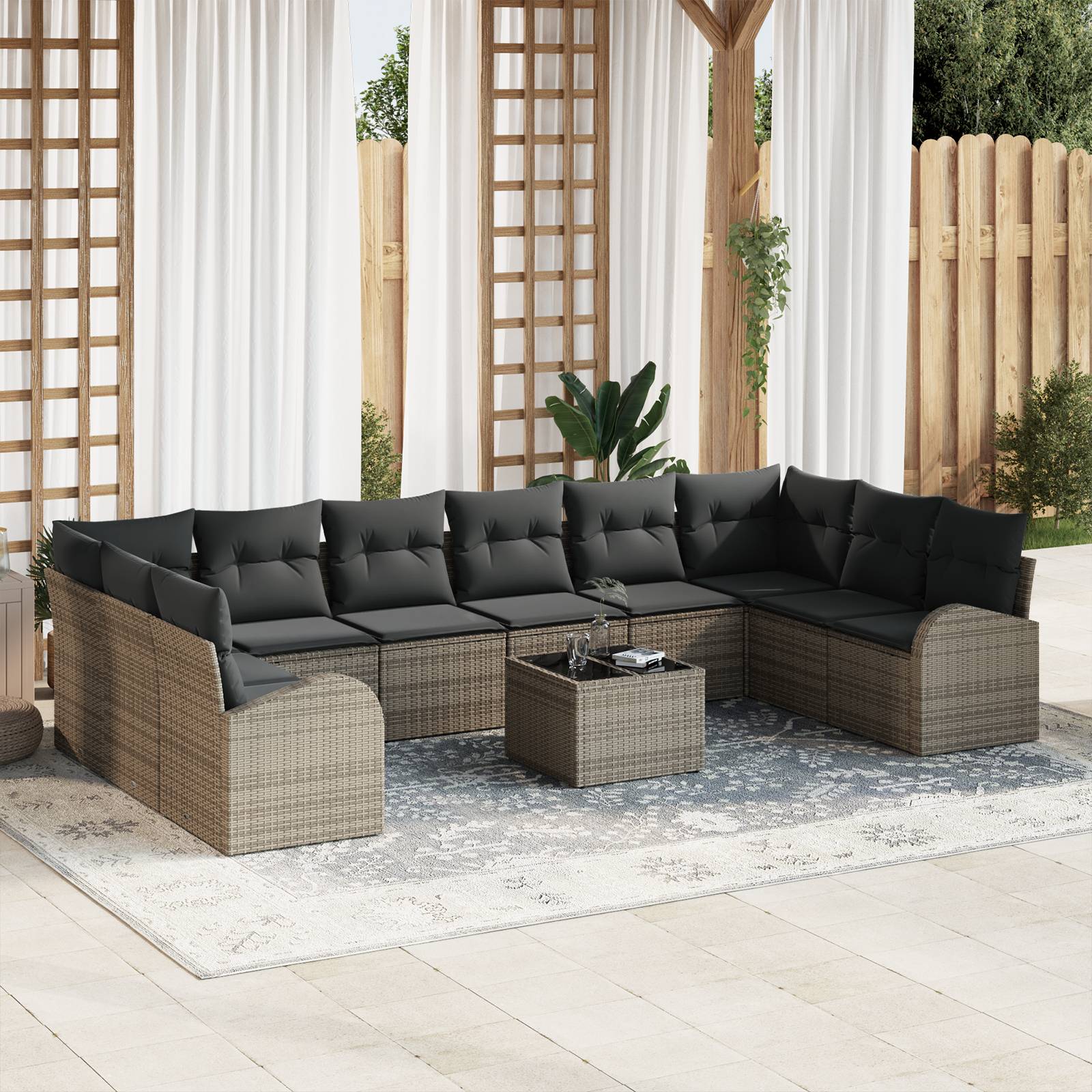 vidaXL 10-teiliges Garten-Sofa-Set mit Kissen Schwarz Poly-Rattan