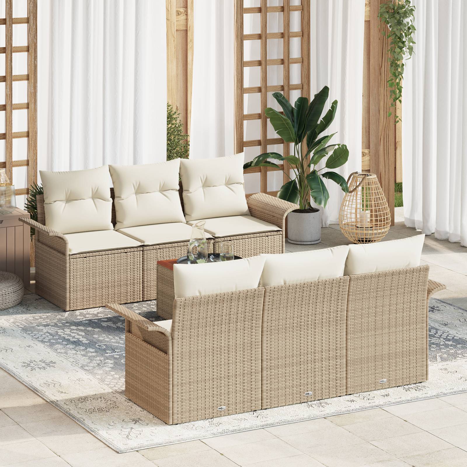 vidaXL 7-teiliges Garten Sofaset mit Kissen Beige Poly Rattan Akazie