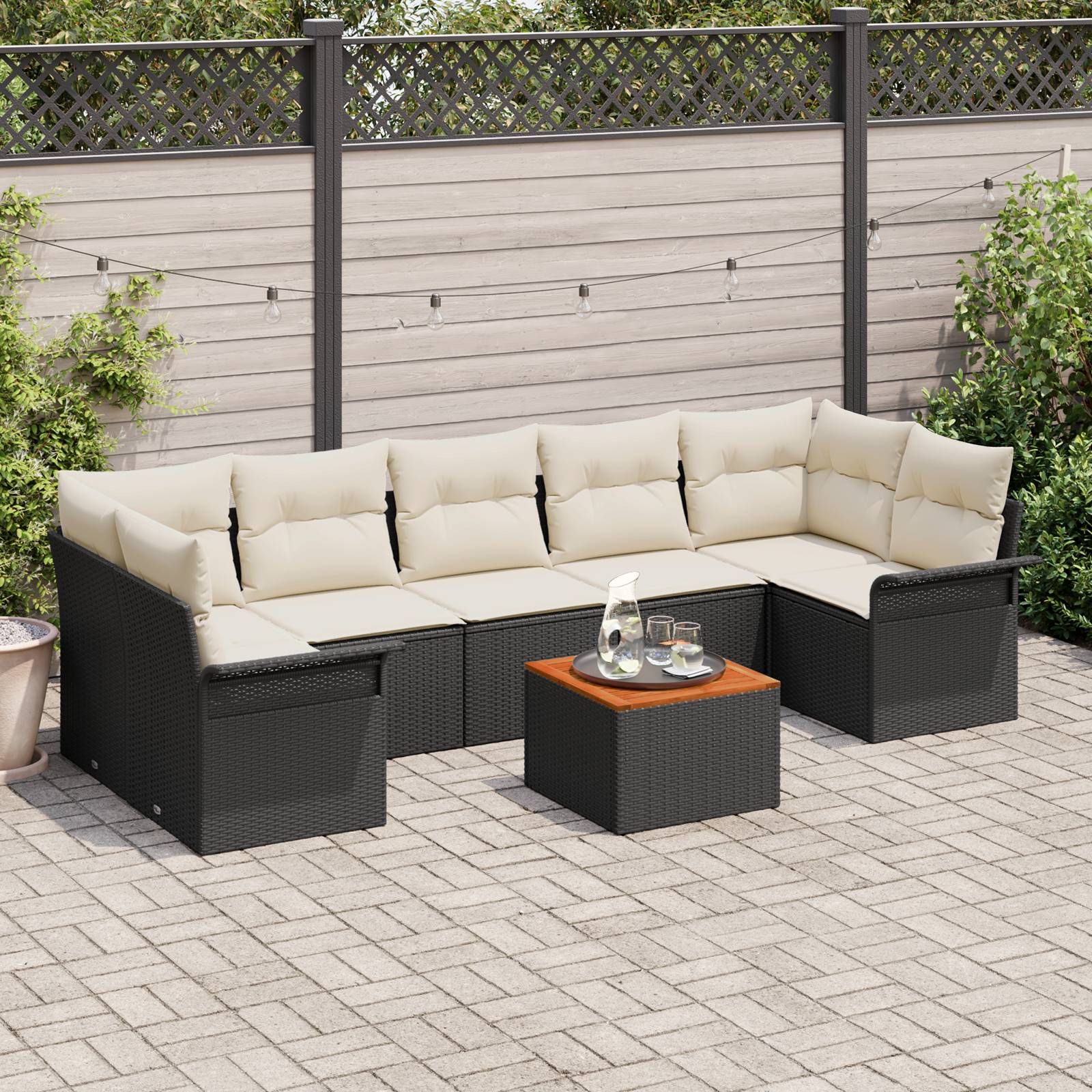 vidaXL 8-teiliges Garten-Sofaset mit Kissen Schwarz Poly-Rattan Akazie