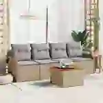 vidaXL 5-teiliges Garten Sofa Set mit Kissen Beige Poly Rattan Akazie vidaXL 5-teiliges Garten Sofa Set mit Kissen Beige Poly Rattan Akazie