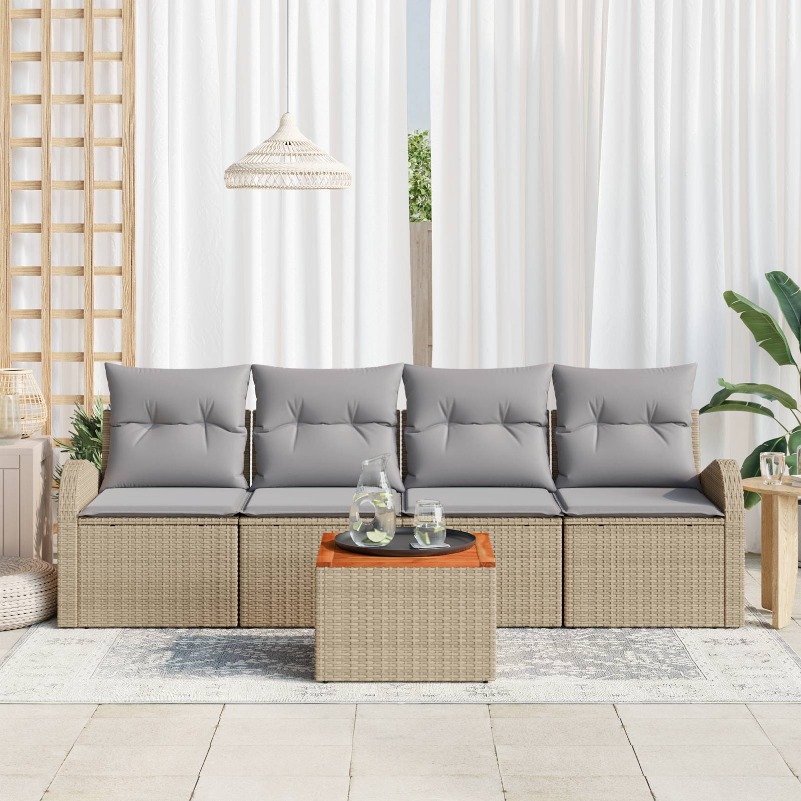 vidaXL 5-teiliges Garten Sofa Set mit Kissen Beige Poly Rattan Akazie