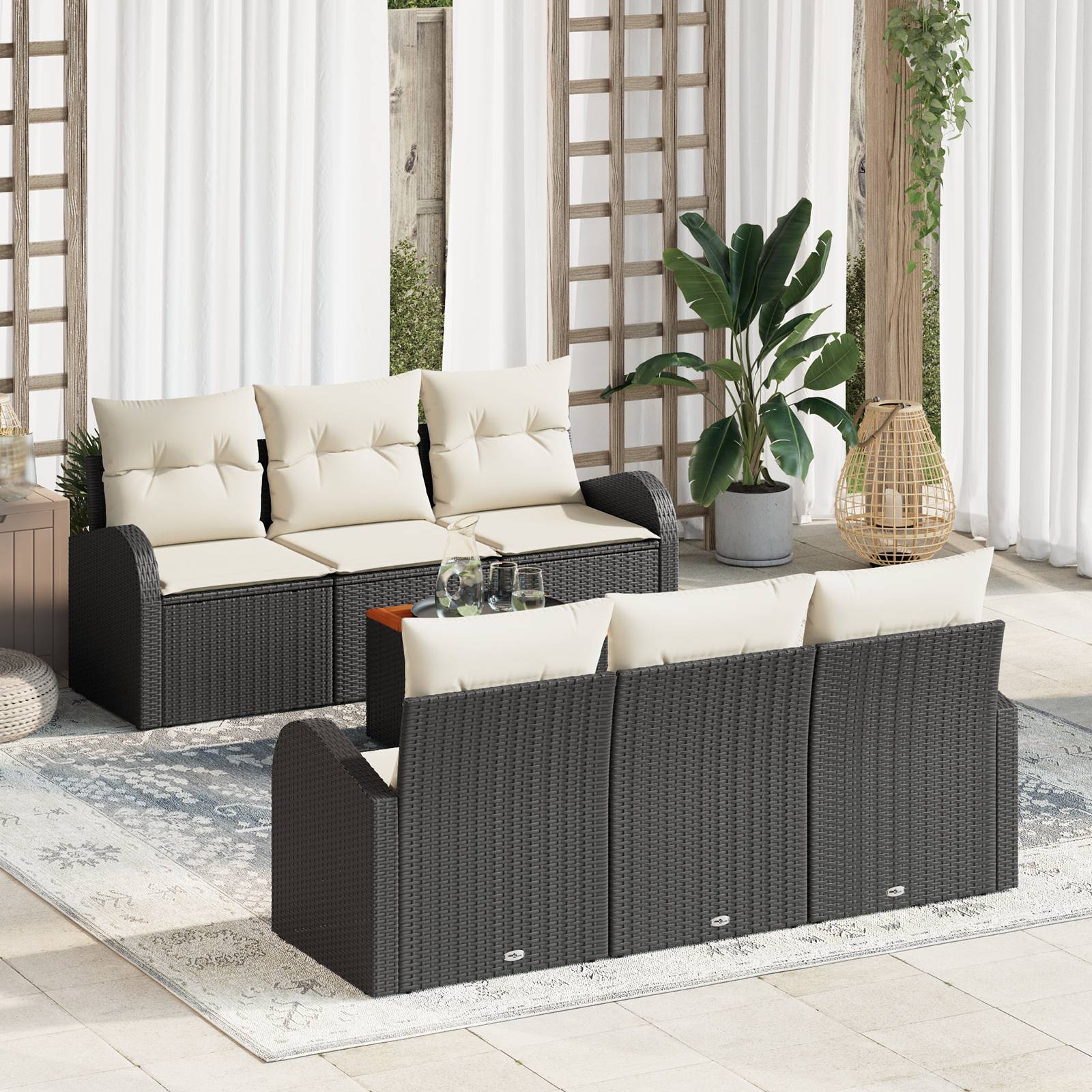 vidaXL 7-teiliges Garten Sofa Set mit Kissen in schwarzem Poly Rattan Akazie