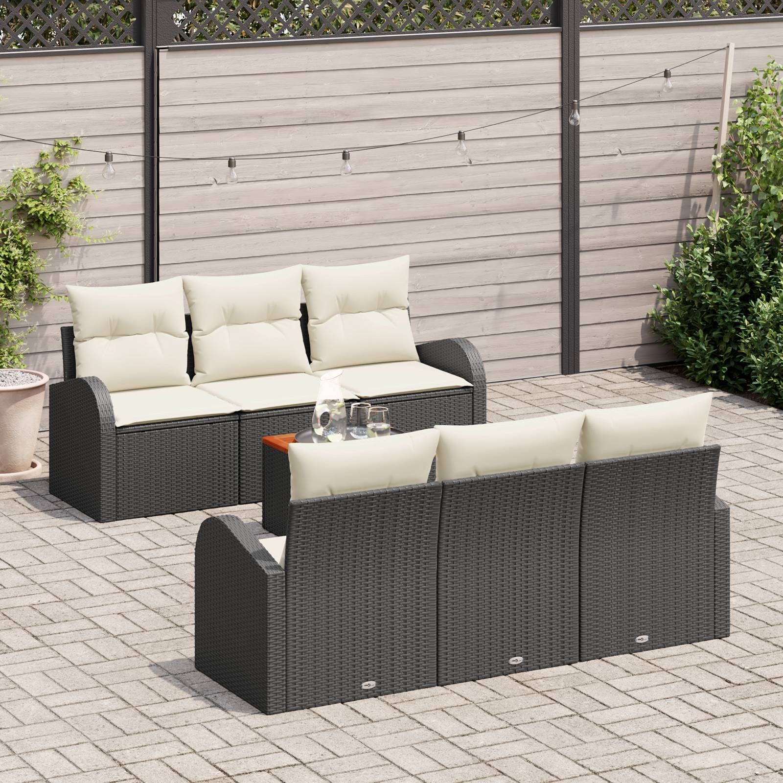 vidaXL 7-teiliges Garten Sofa Set mit Kissen in schwarzem Poly Rattan Akazie