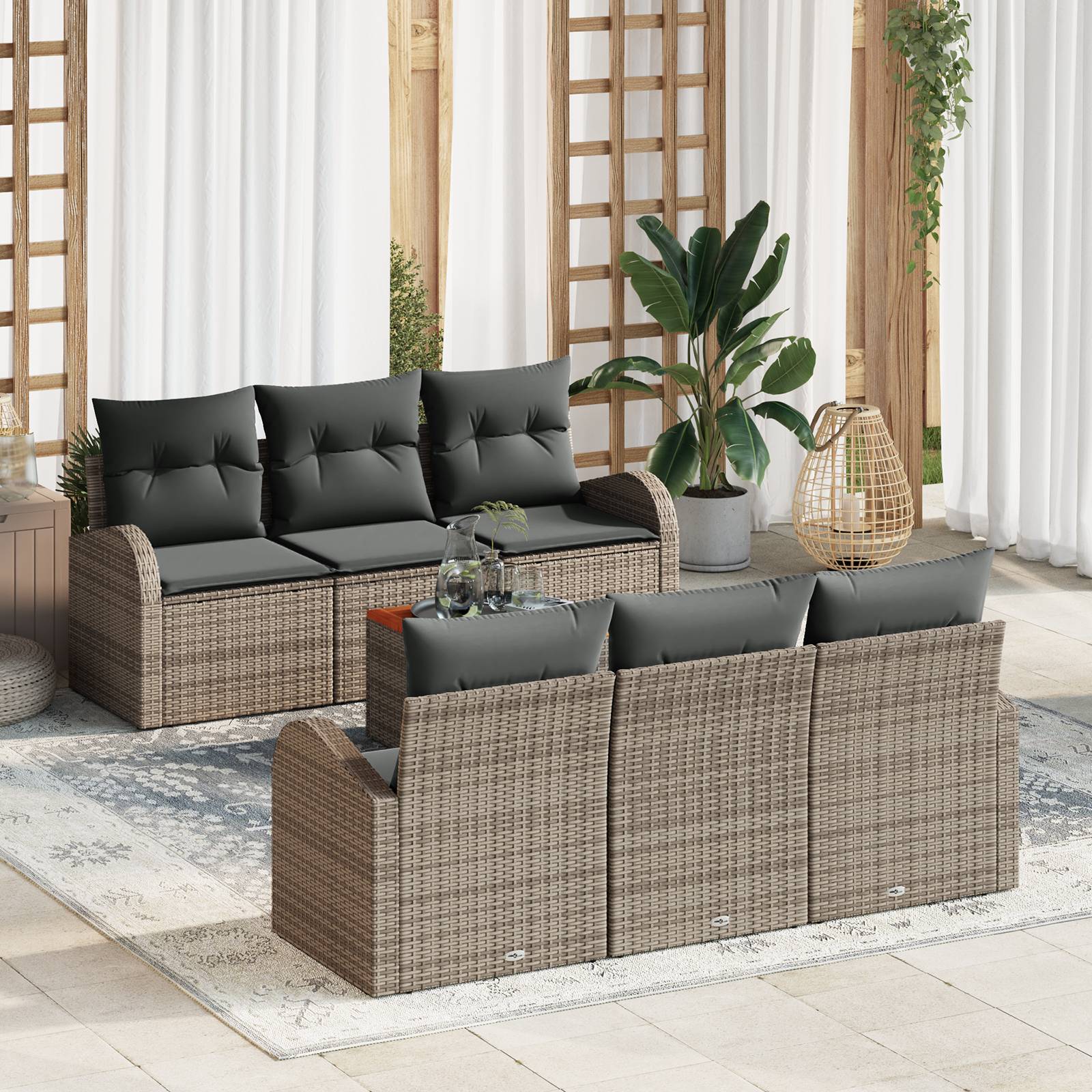 vidaXL 7-teiliges Garten-Sofaset mit Kissen Grau Poly-Rattan Akazie