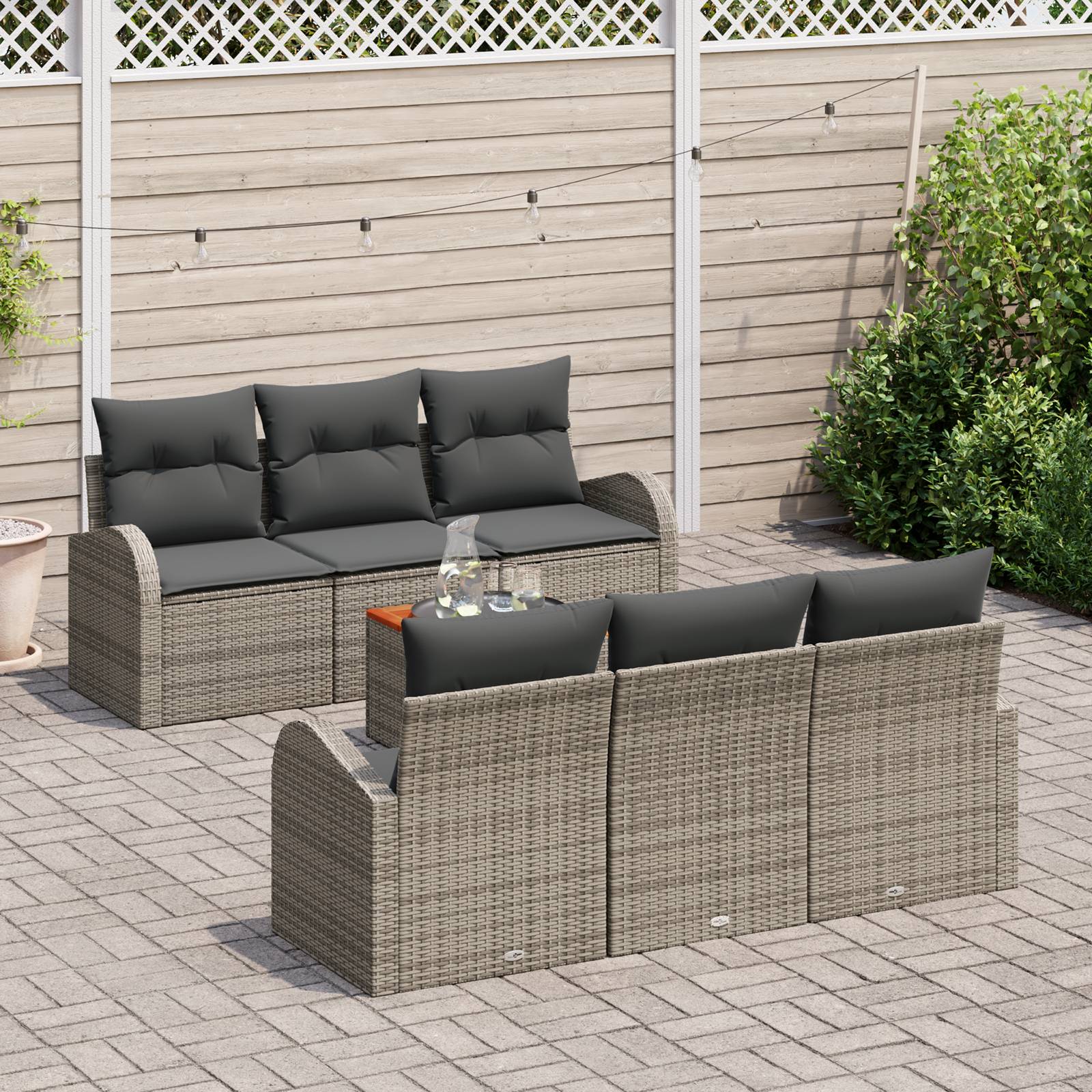vidaXL 7-teiliges Garten-Sofaset mit Kissen Grau Poly-Rattan Akazie
