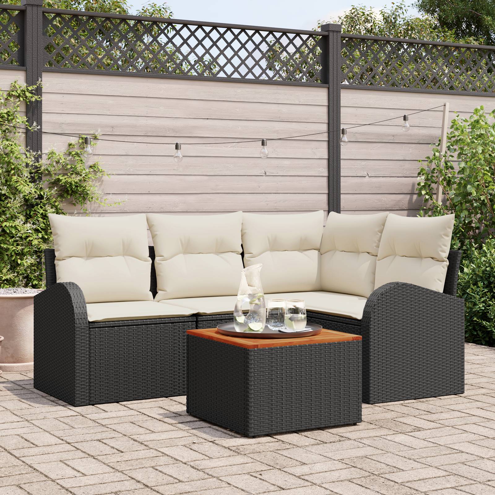 vidaXL 5-teiliges Garten-Sofa-Set mit Kissen Schwarz Poly-Rattan Akazie