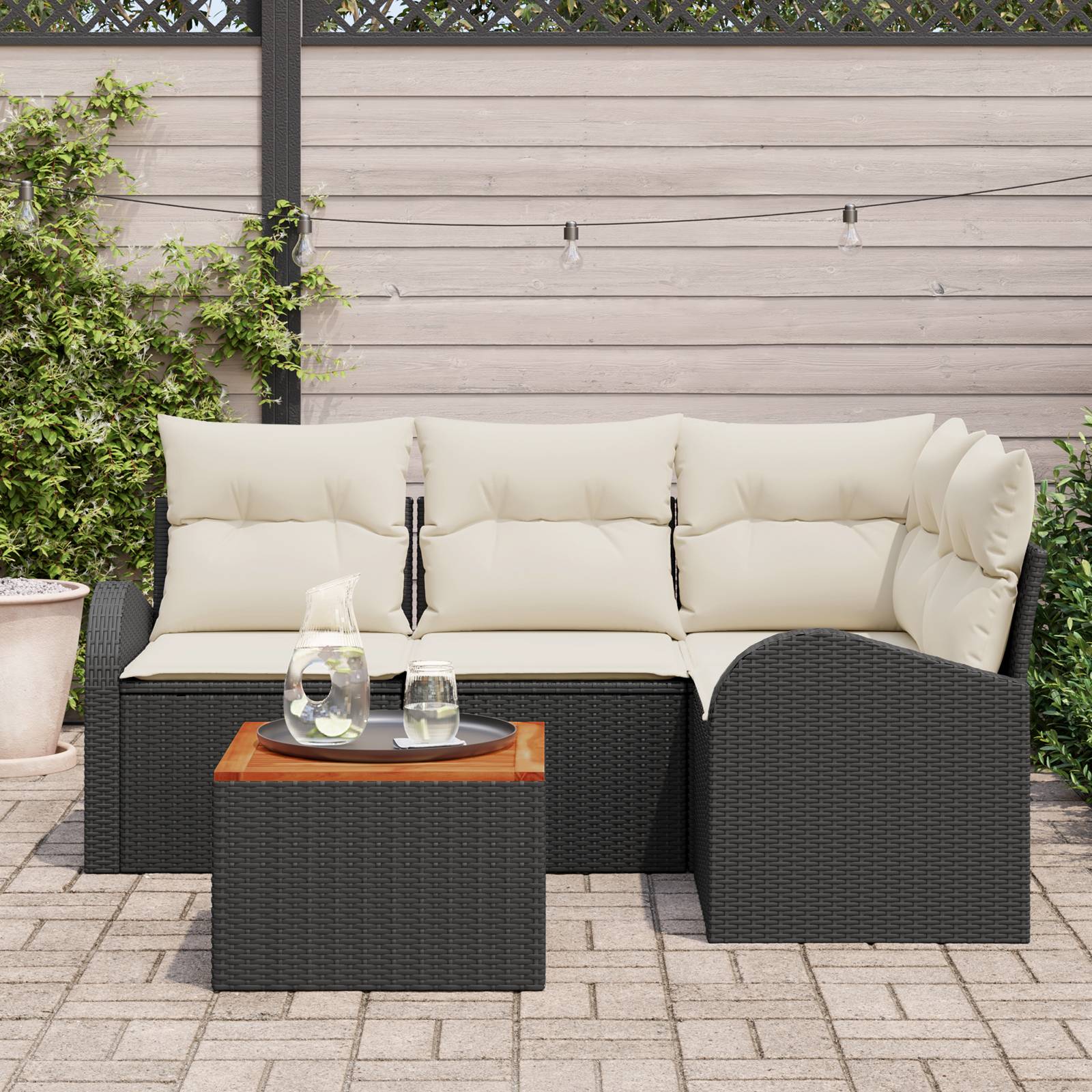 vidaXL 5-teiliges Garten-Sofa-Set mit Kissen Schwarz Poly-Rattan Akazie
