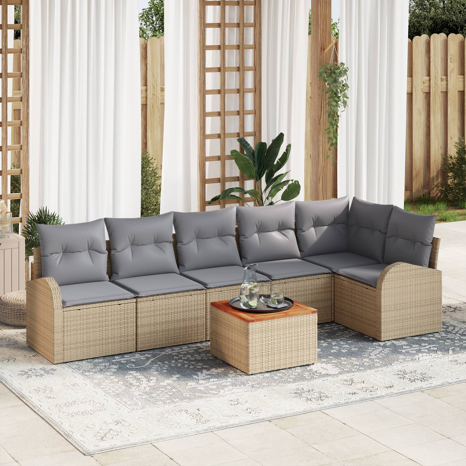 vidaXL 7-teilige Garten Sofa Set mit Kissen Beige Poly Rattan Akazie