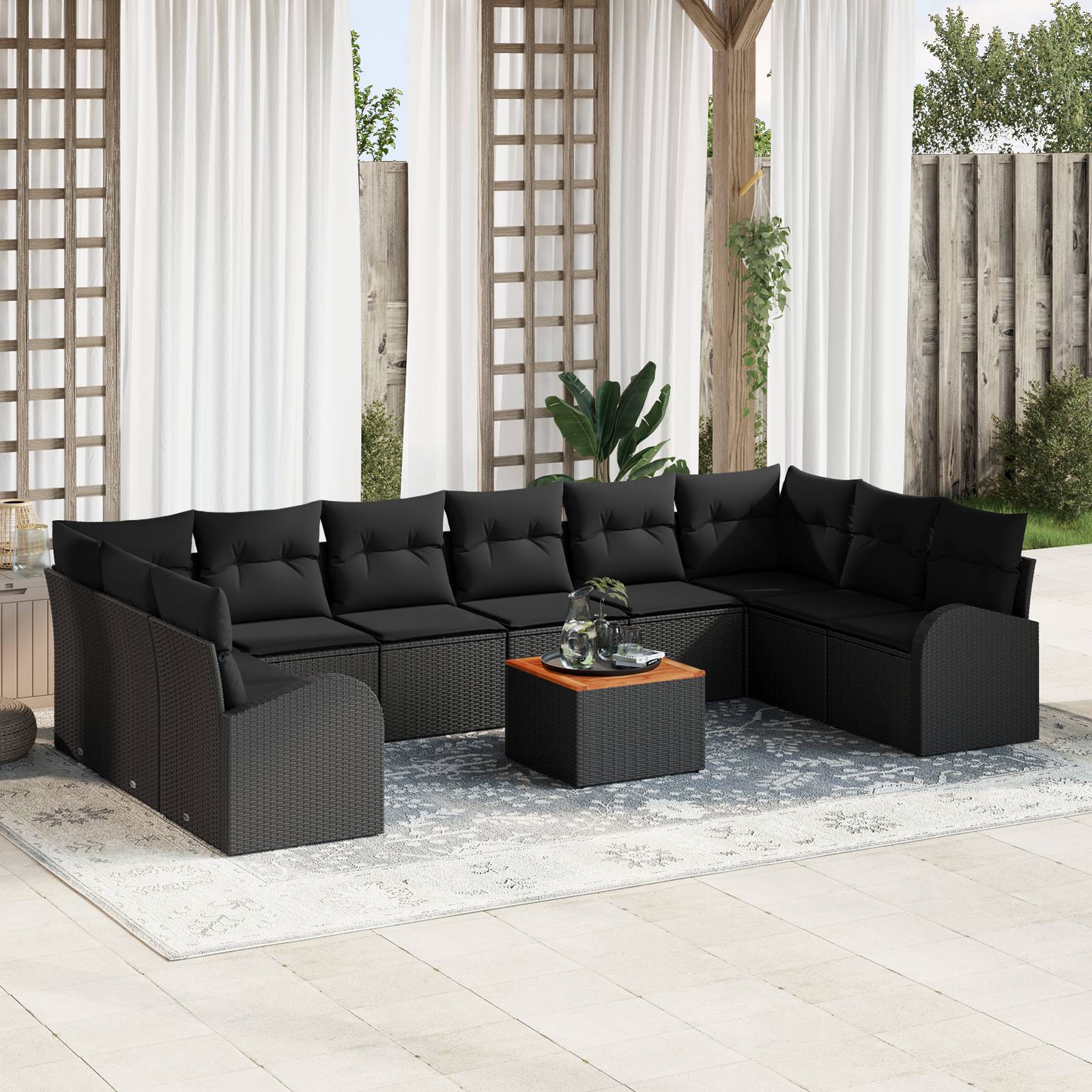 vidaXL 11-teiliges Garten Sofaset mit Kissen schwarz Poly Rattan Akazie