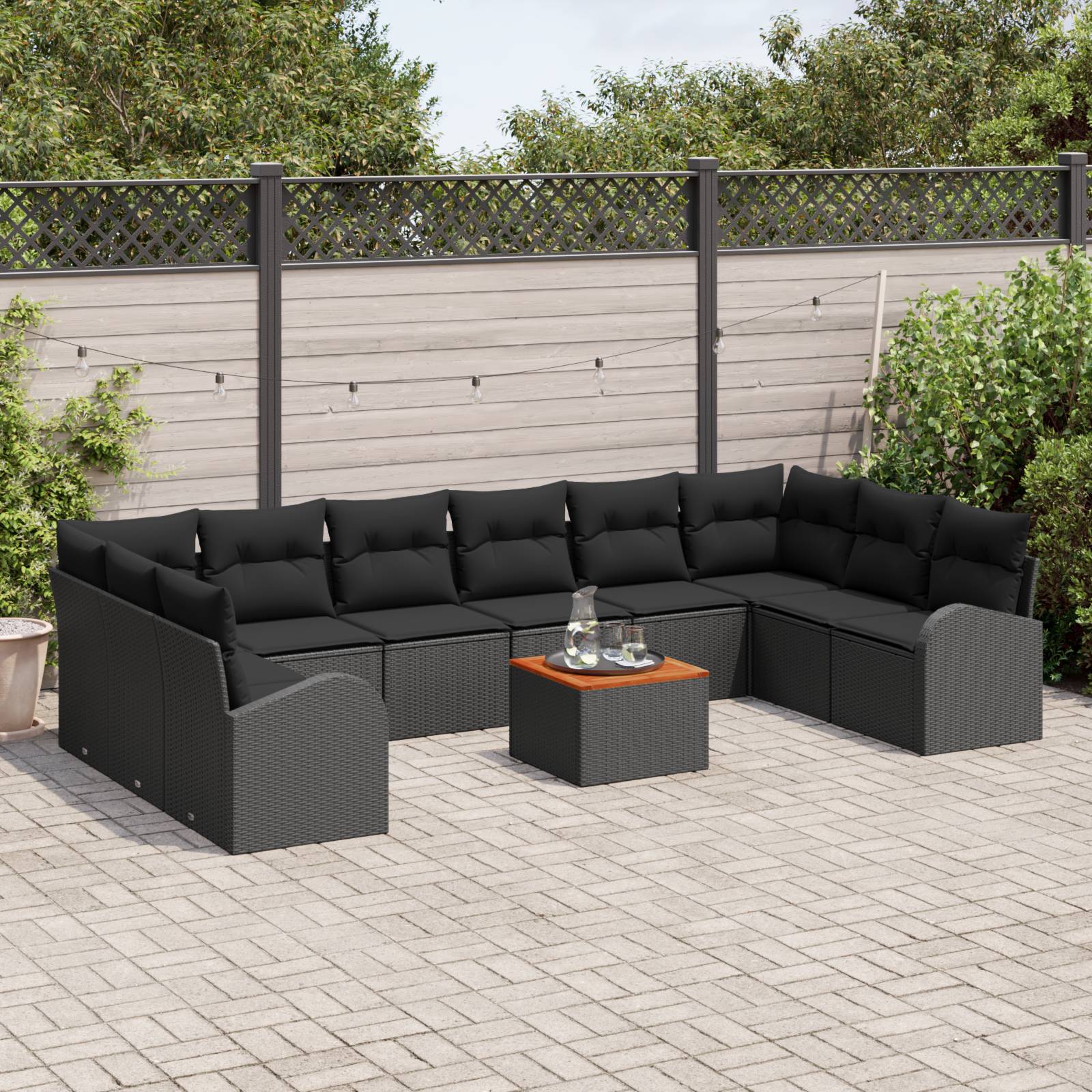 vidaXL 11-teiliges Garten Sofaset mit Kissen schwarz Poly Rattan Akazie