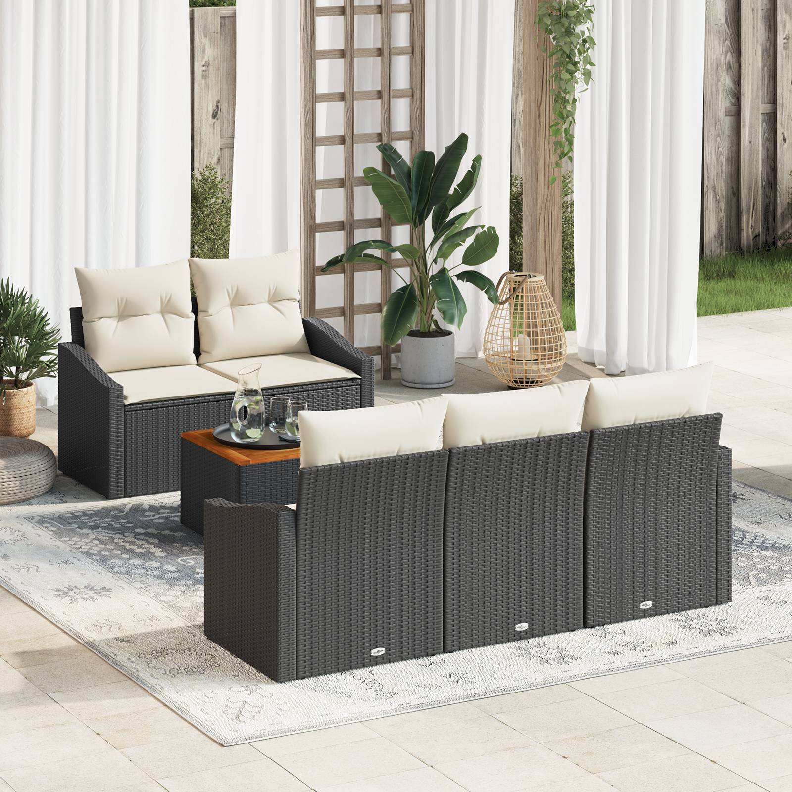 vidaXL 6-teiliges Garten-Sofaset mit Kissen Schwarz Poly-Rattan Akazie