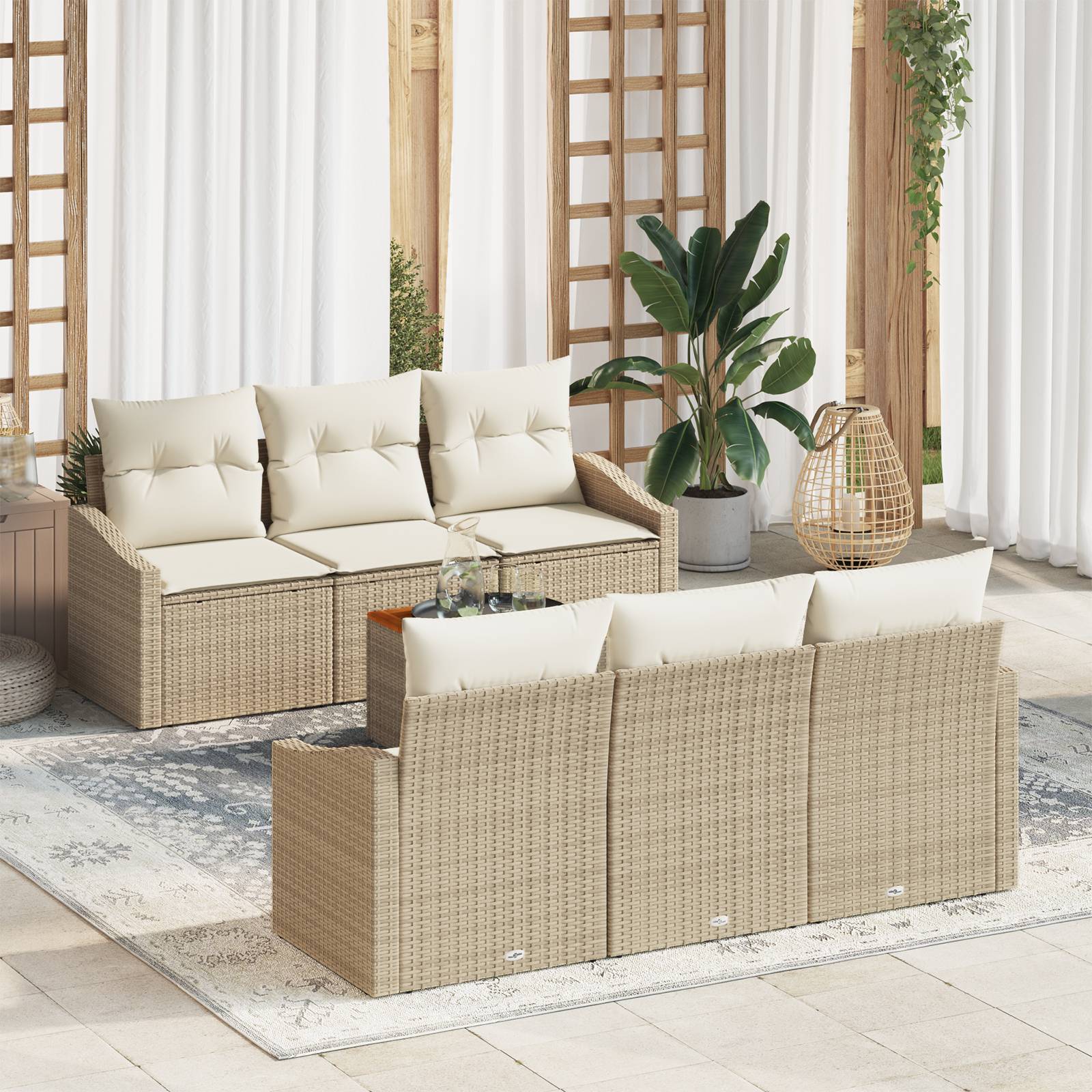 vidaXL 7-teiliges Garten-Sofa-Set mit Kissen Beige Poly-Rattan Akazie