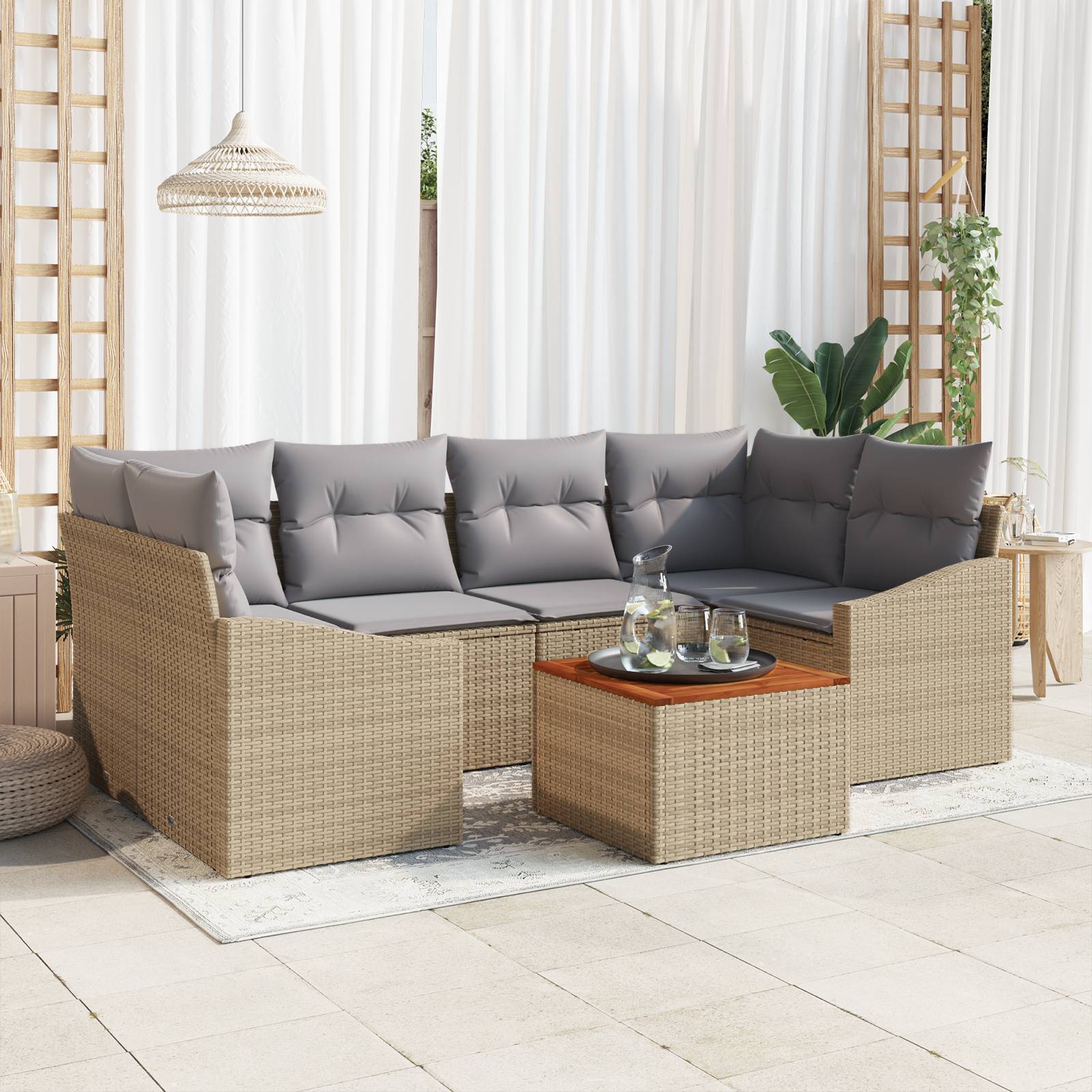 vidaXL 7-Teiliges Garten Sofa Set mit Kissen Beige Poly Rattan Akazie