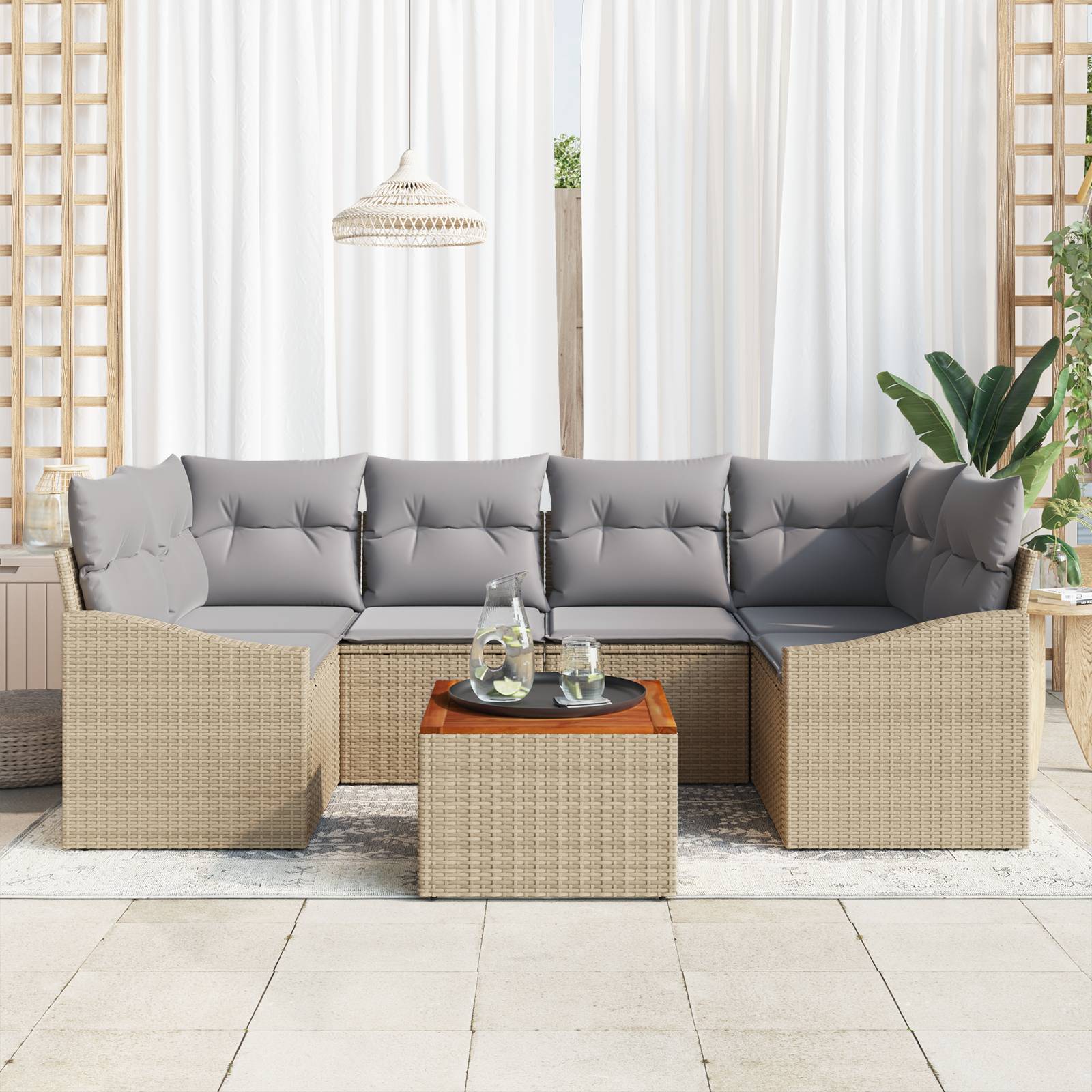 vidaXL 7-tlg. Garten-Sofagarnitur mit Kissen Beige Poly Rattan Akazie