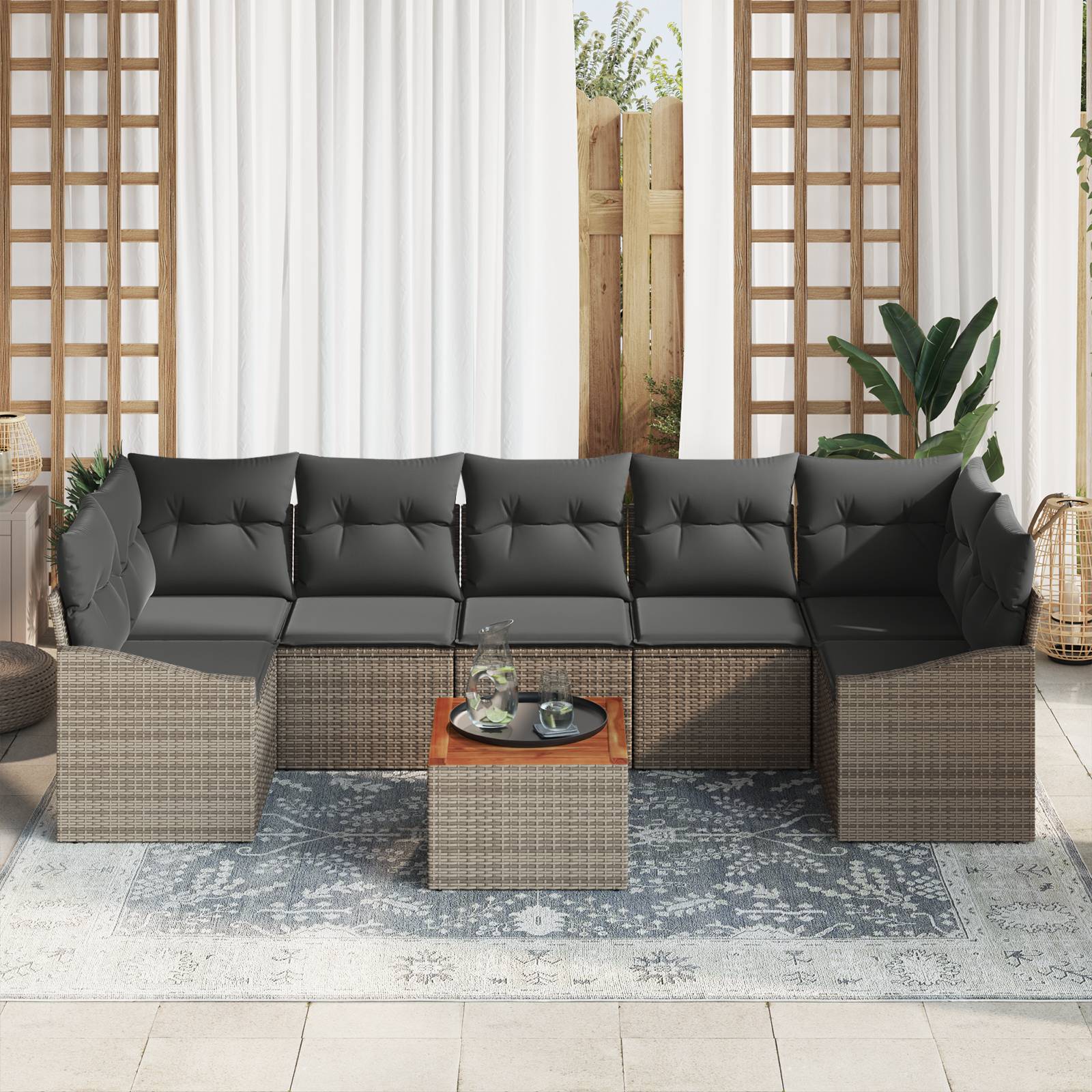 vidaXL 8-teiliges Garten Sofa Set mit Kissen grau Poly Rattan Akazie