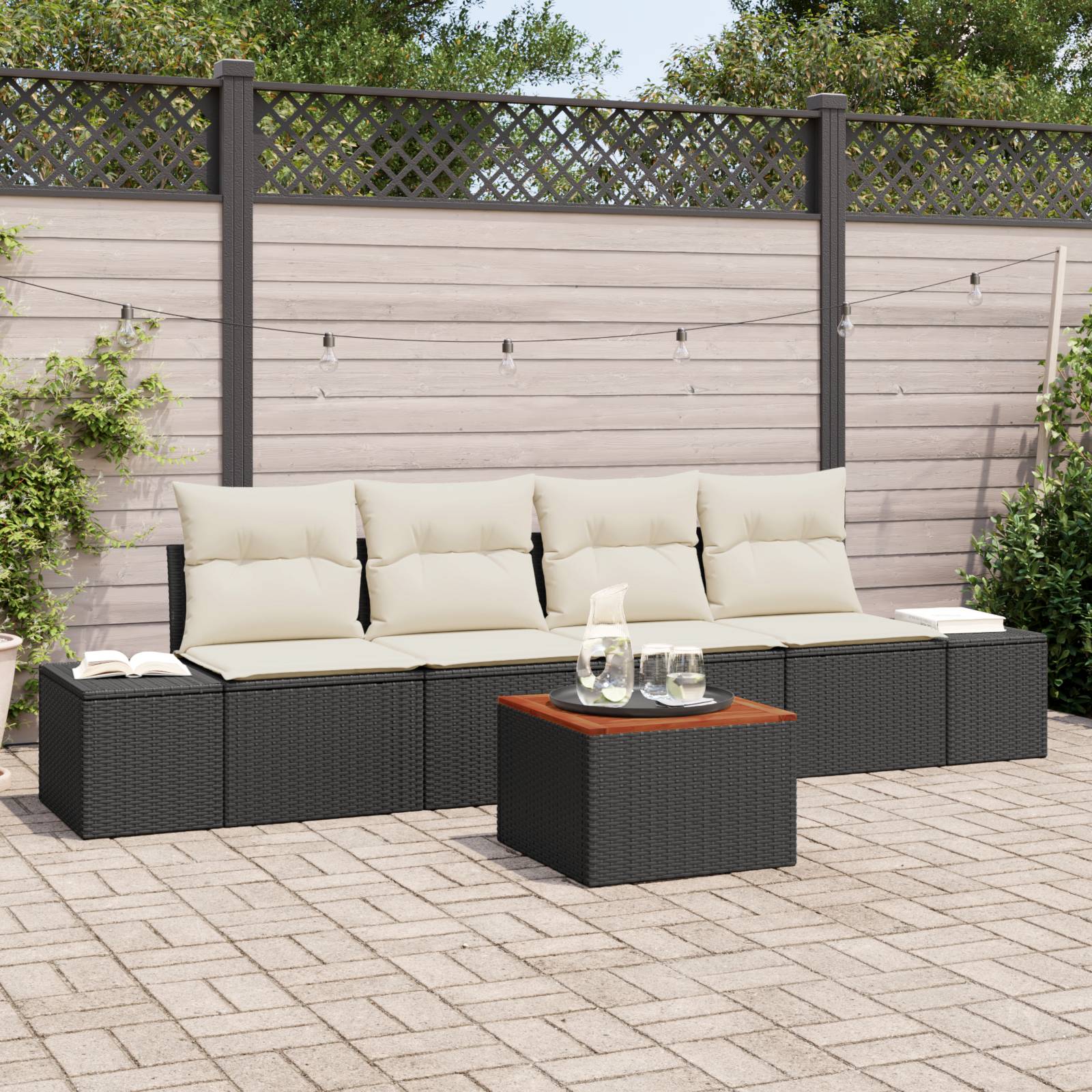 vidaXL 5-teiliges Garten-Sofa-Set mit Kissen Schwarz Poly Rattan Akazie