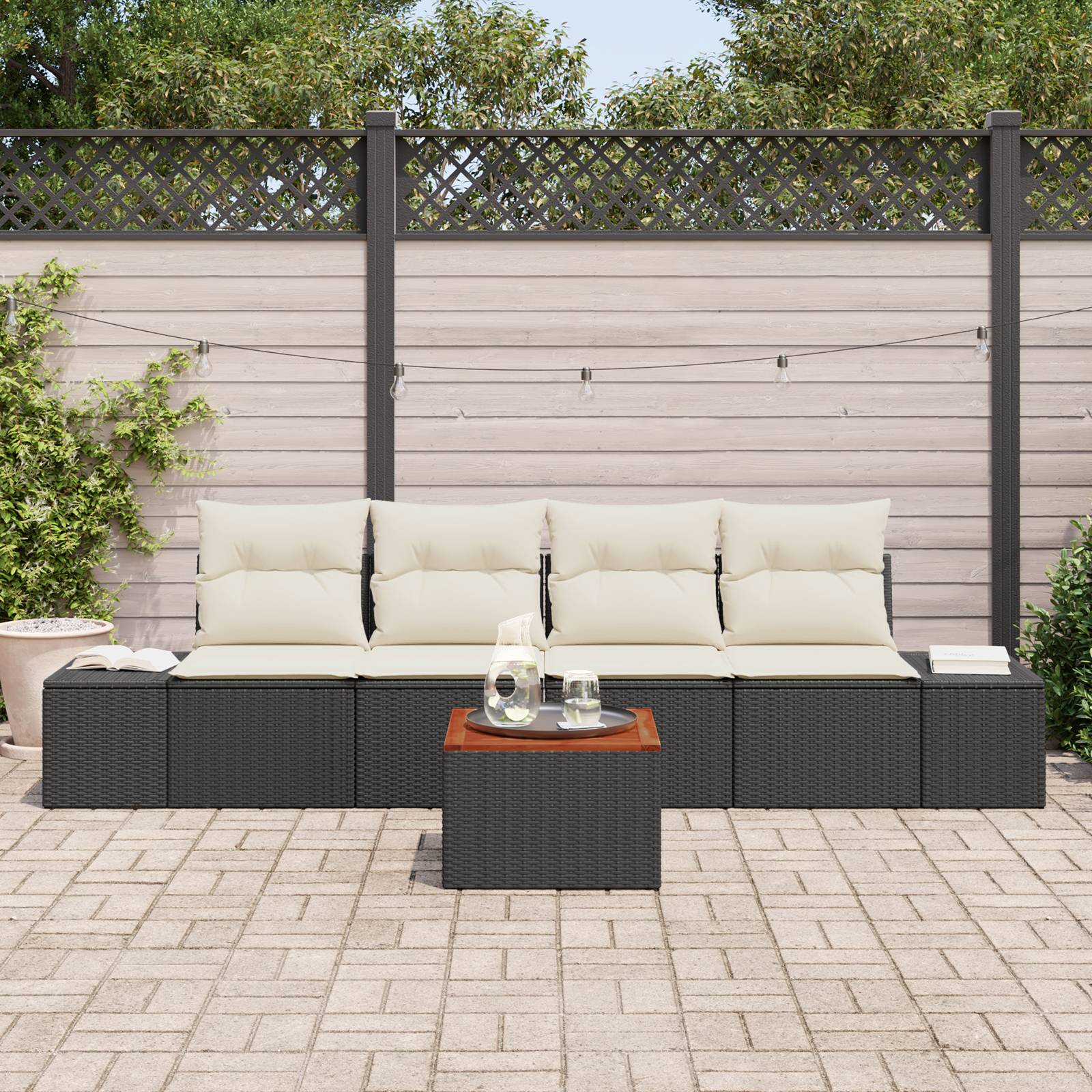 vidaXL 5-teiliges Garten-Sofa-Set mit Kissen Schwarz Poly Rattan Akazie