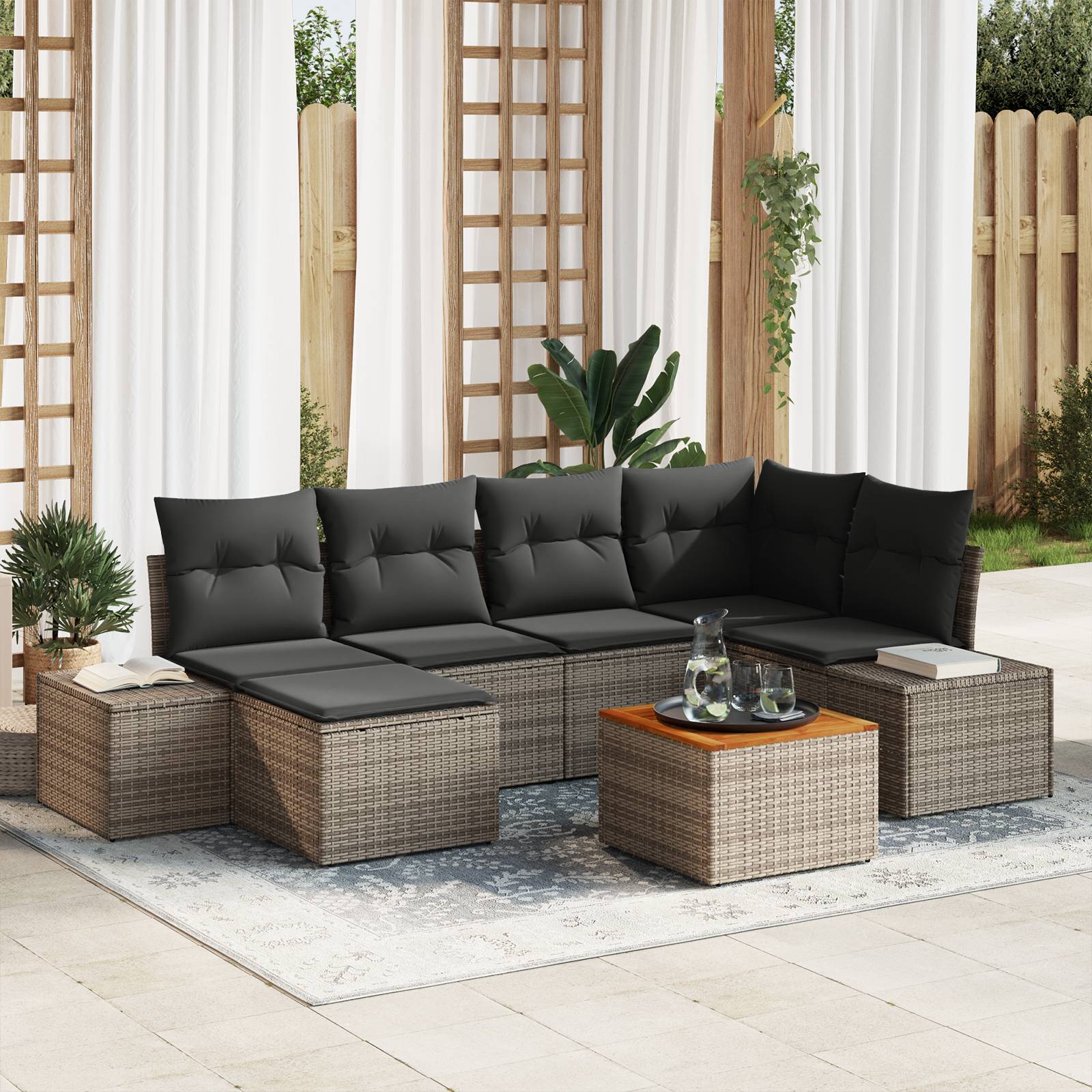 vidaXL 7-teiliges Garten-Sofa-Set mit Kissen Grau Poly Rattan Akazie