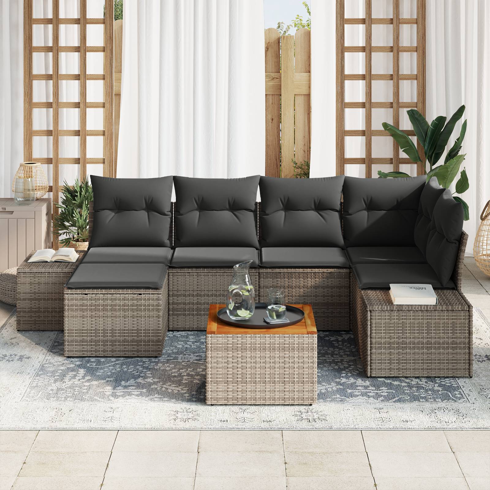 vidaXL 7-teiliges Garten-Sofa-Set mit Kissen Grau Poly Rattan Akazie