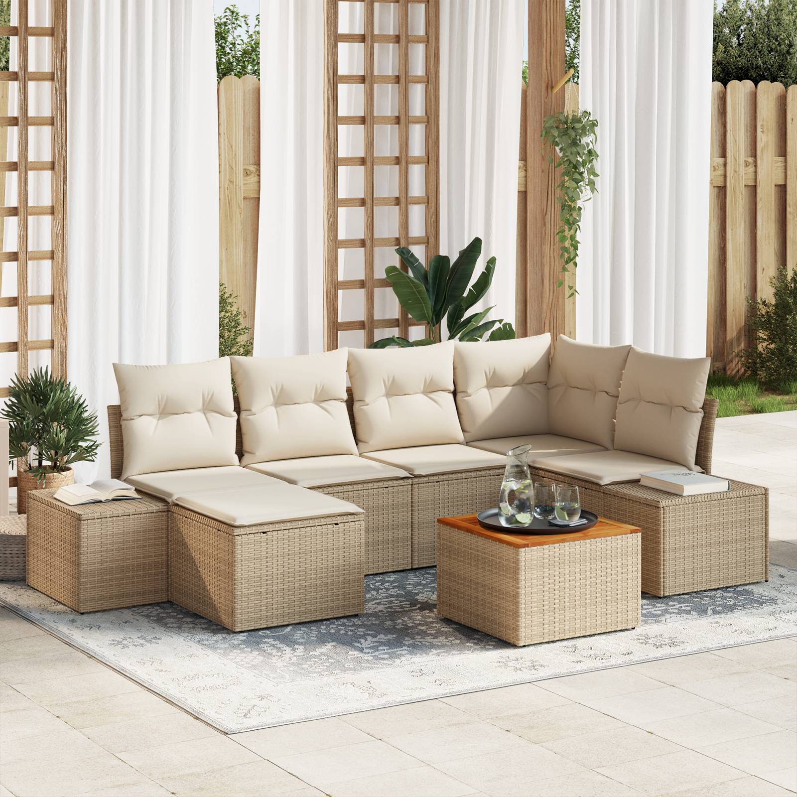 vidaXL 7-tlg. Garten-Sofagarnitur mit Kissen Beige Poly Rattan Akazie