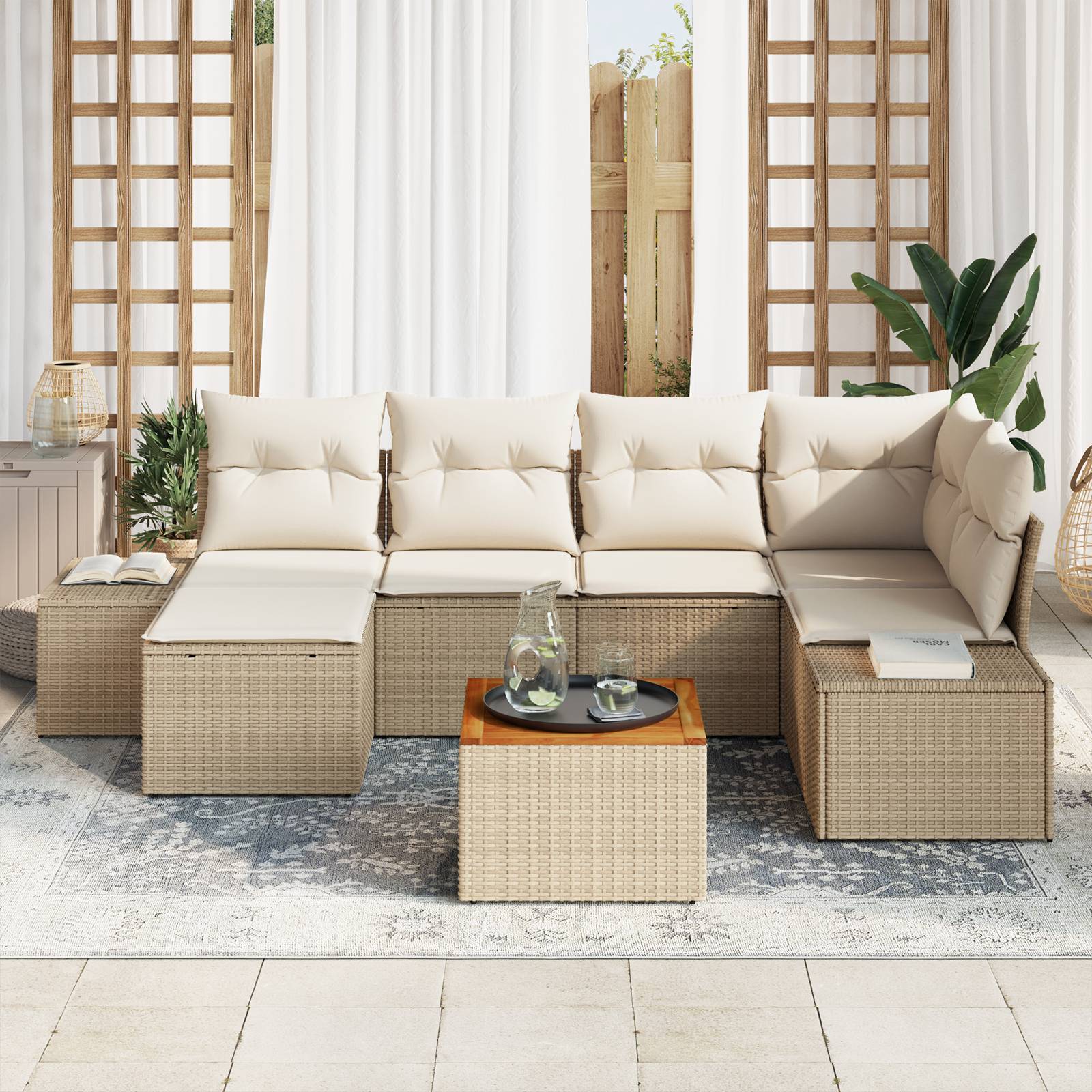 vidaXL 7-tlg. Garten-Sofagarnitur mit Kissen Beige Poly Rattan Akazie