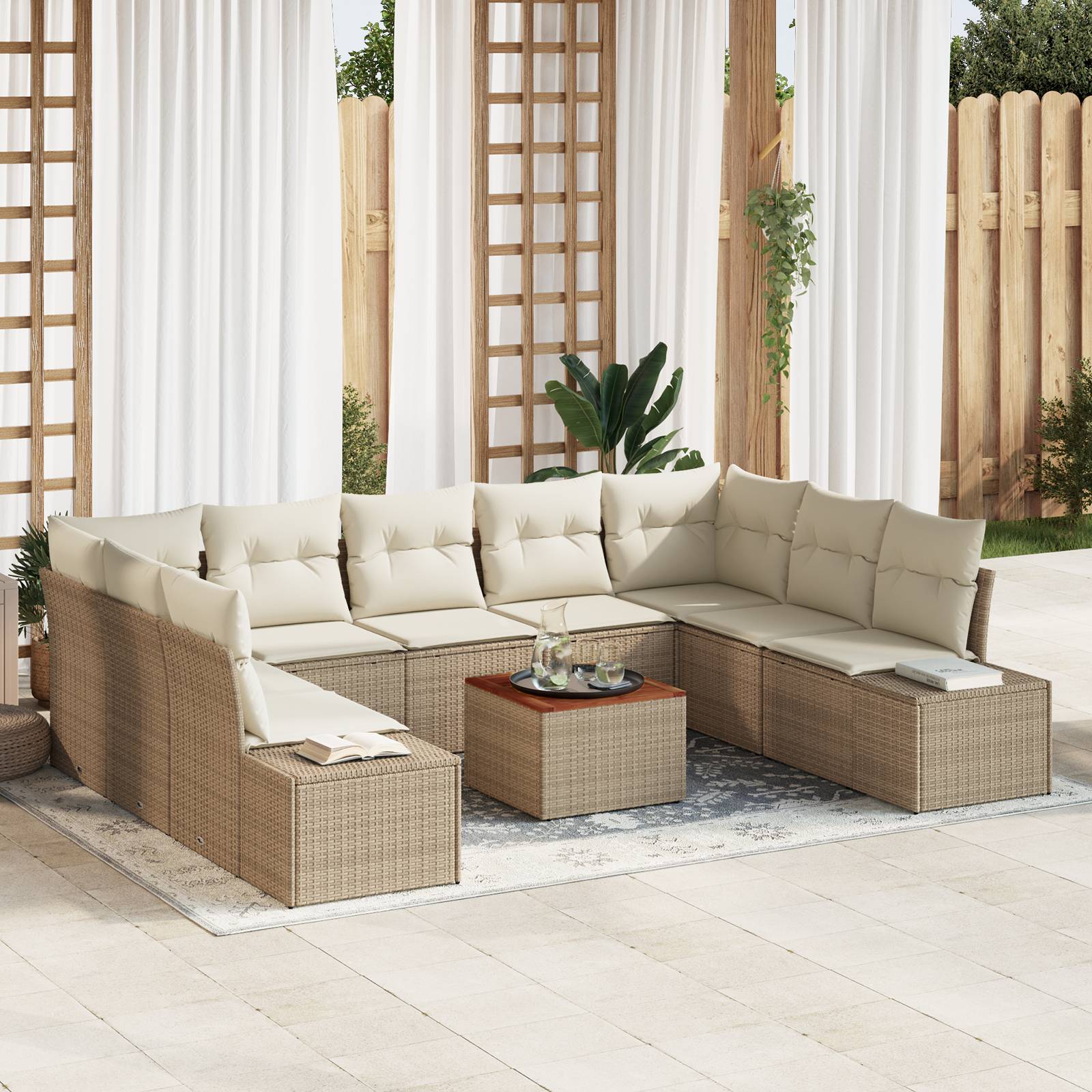 vidaXL 10-teiliges Garten Sofa Set mit Kissen Beige Poly Rattan Akazie