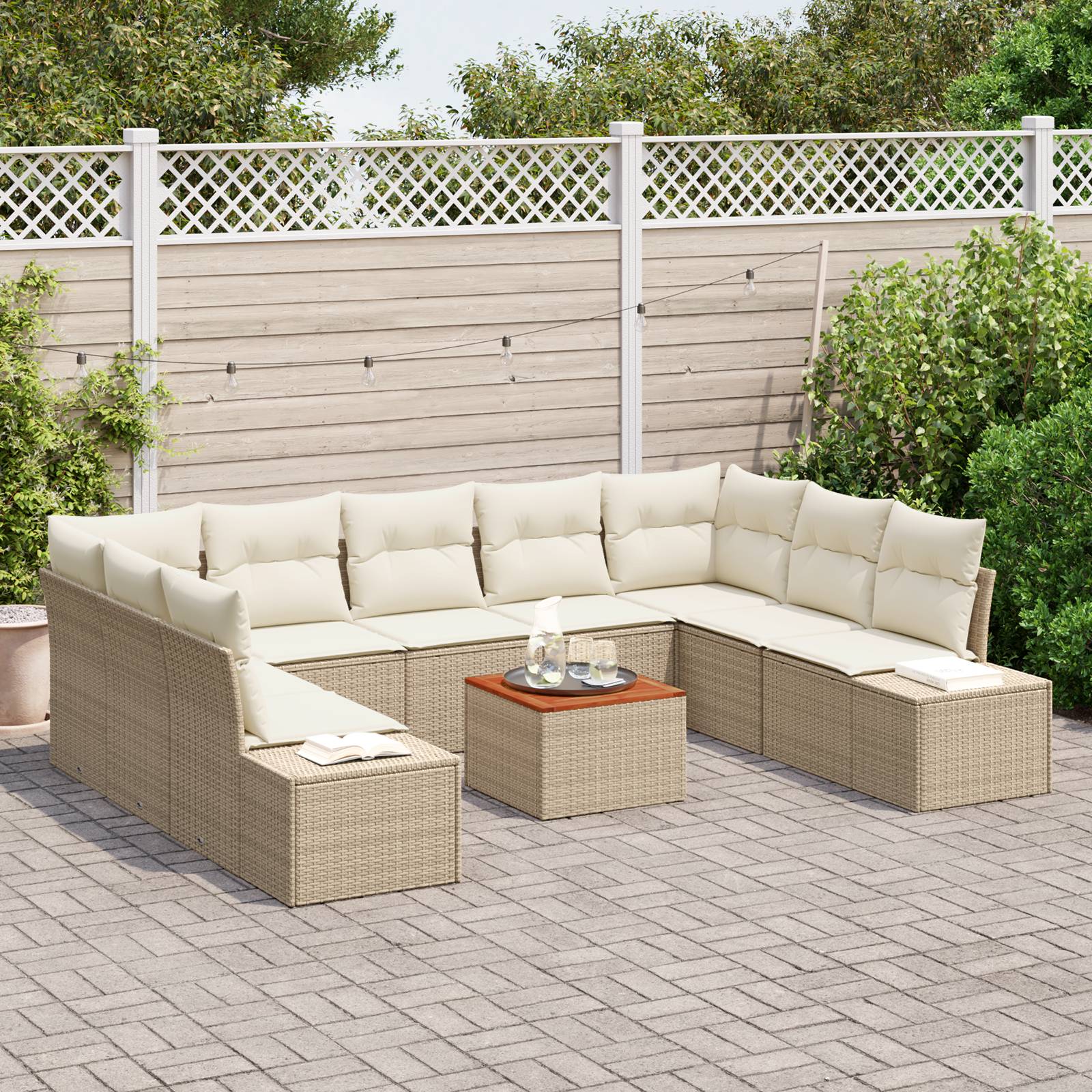 vidaXL 10-teiliges Garten Sofa Set mit Kissen Beige Poly Rattan Akazie