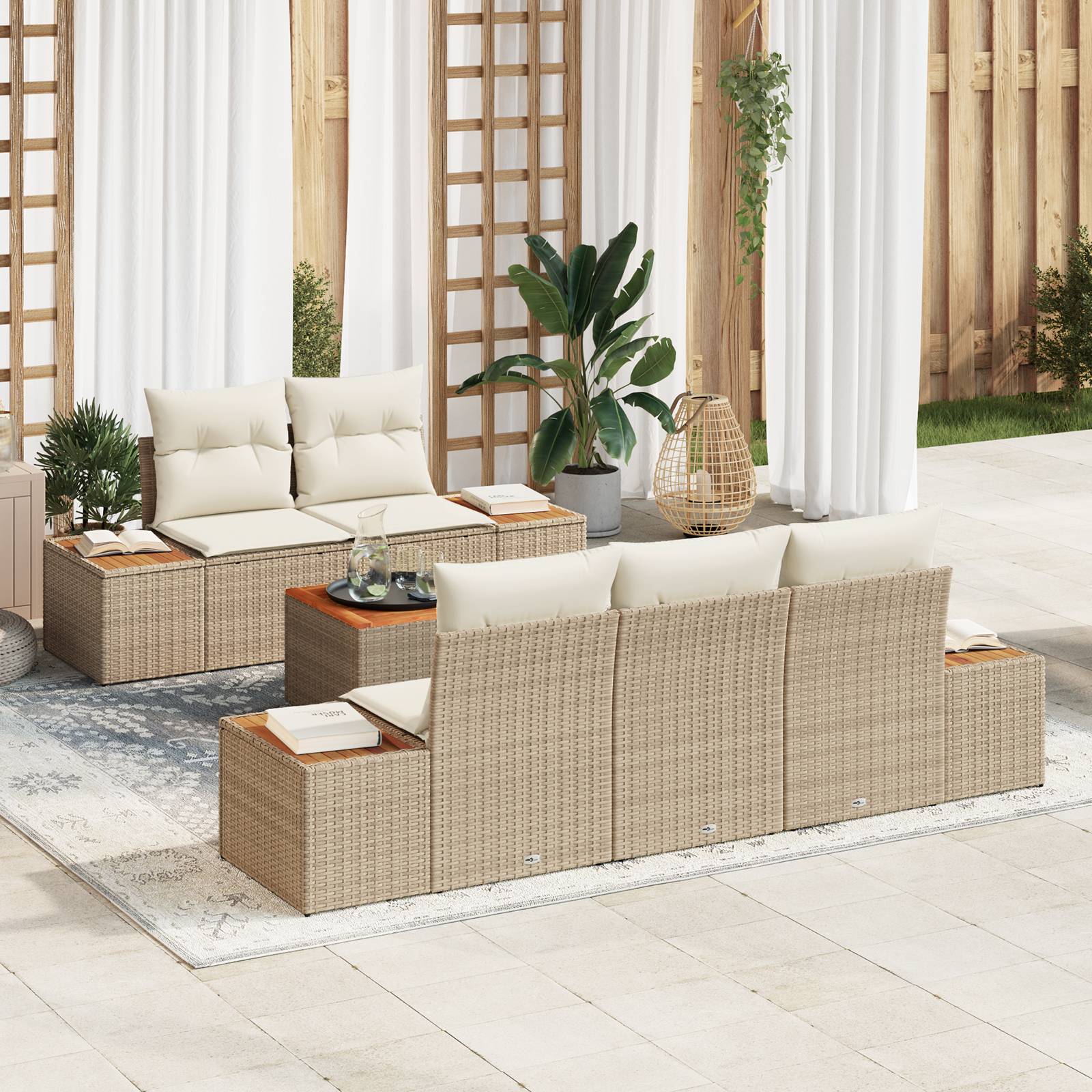 vidaXL 6-teilige Garten Sofa Set mit Kissen Beige Poly Rattan Akazie
