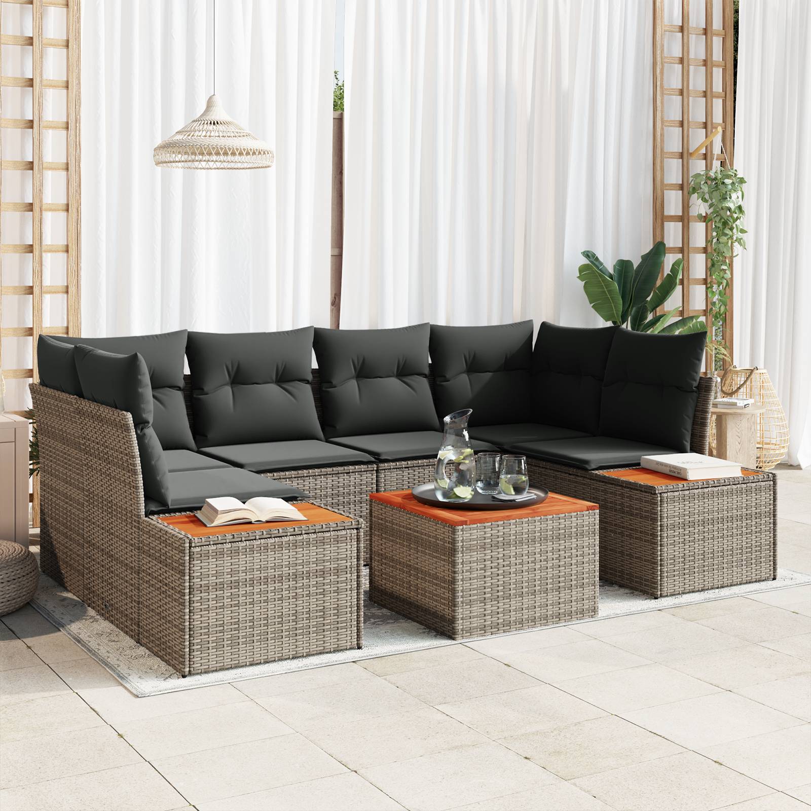 vidaXL 7-teiliges Garten Sofa Set mit Kissen Grau Poly Rattan