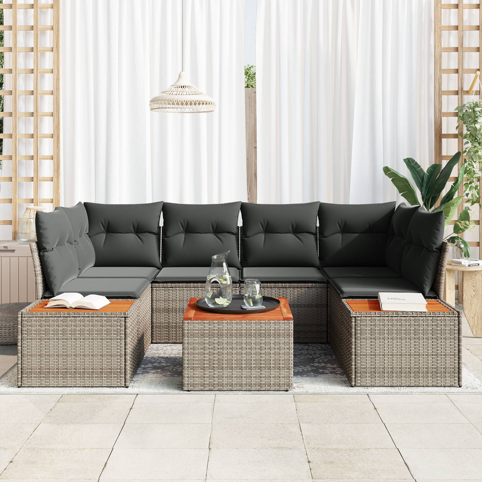 vidaXL 7-teiliges Garten Sofa Set mit Kissen Grau Poly Rattan
