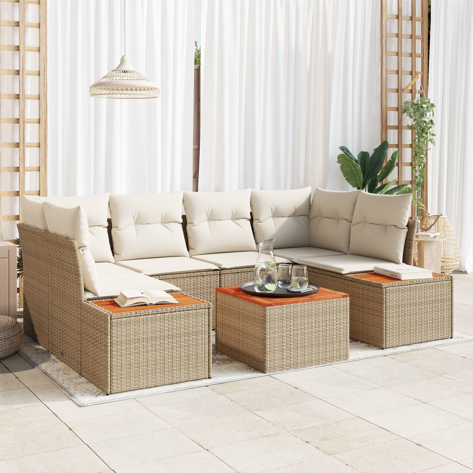 vidaXL 6-teiliges Garten Sofa Set mit Kissen Beige Poly Rattan Akazie