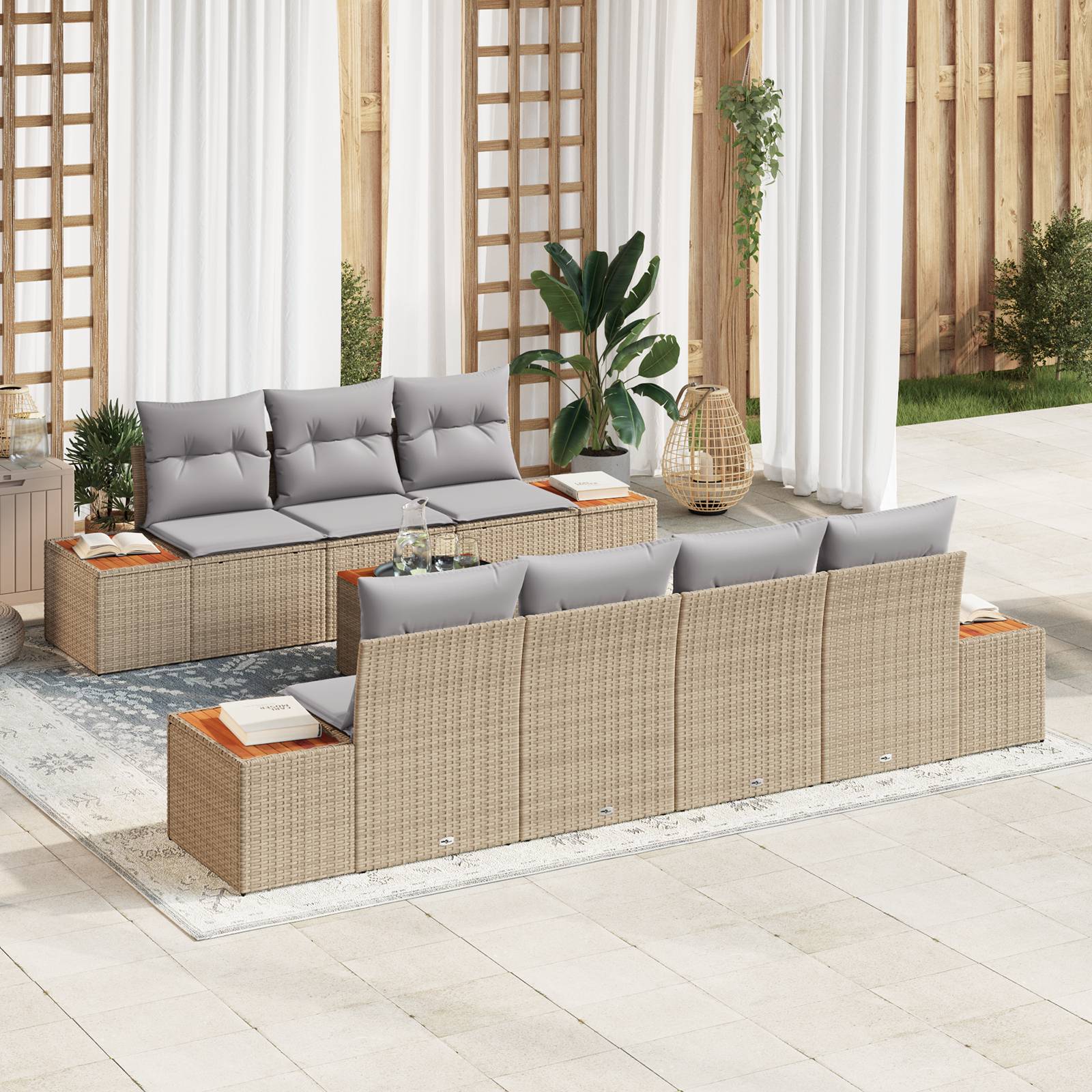 vidaXL 8-tlg. Garten-Sofagarnitur mit Kissen Beige Poly Rattan Akazie