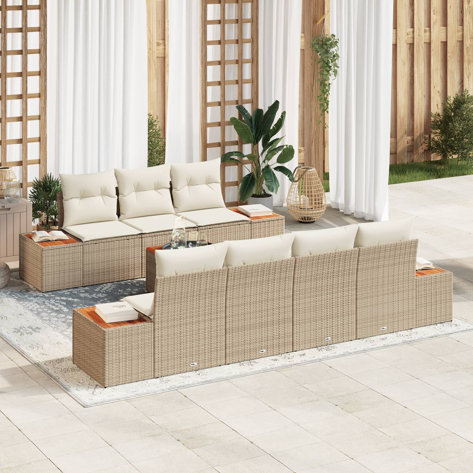 vidaXL 8-tlg. Garten-Sofagarnitur mit Kissen Beige Poly Rattan Akazie