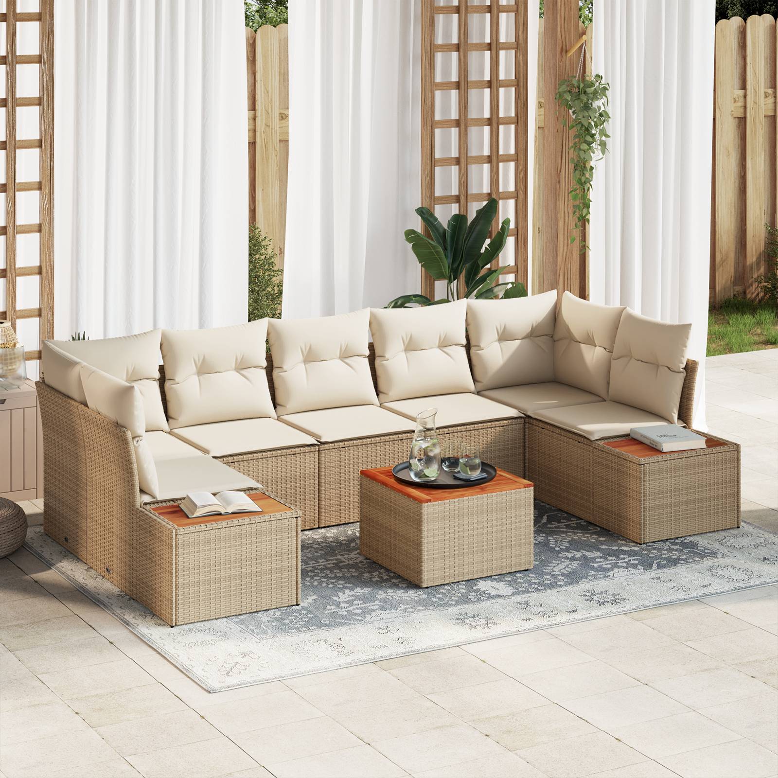 vidaXL 8-teiliges Garten-Sofa-Set mit Kissen Beige Poly-Rattan Akazie