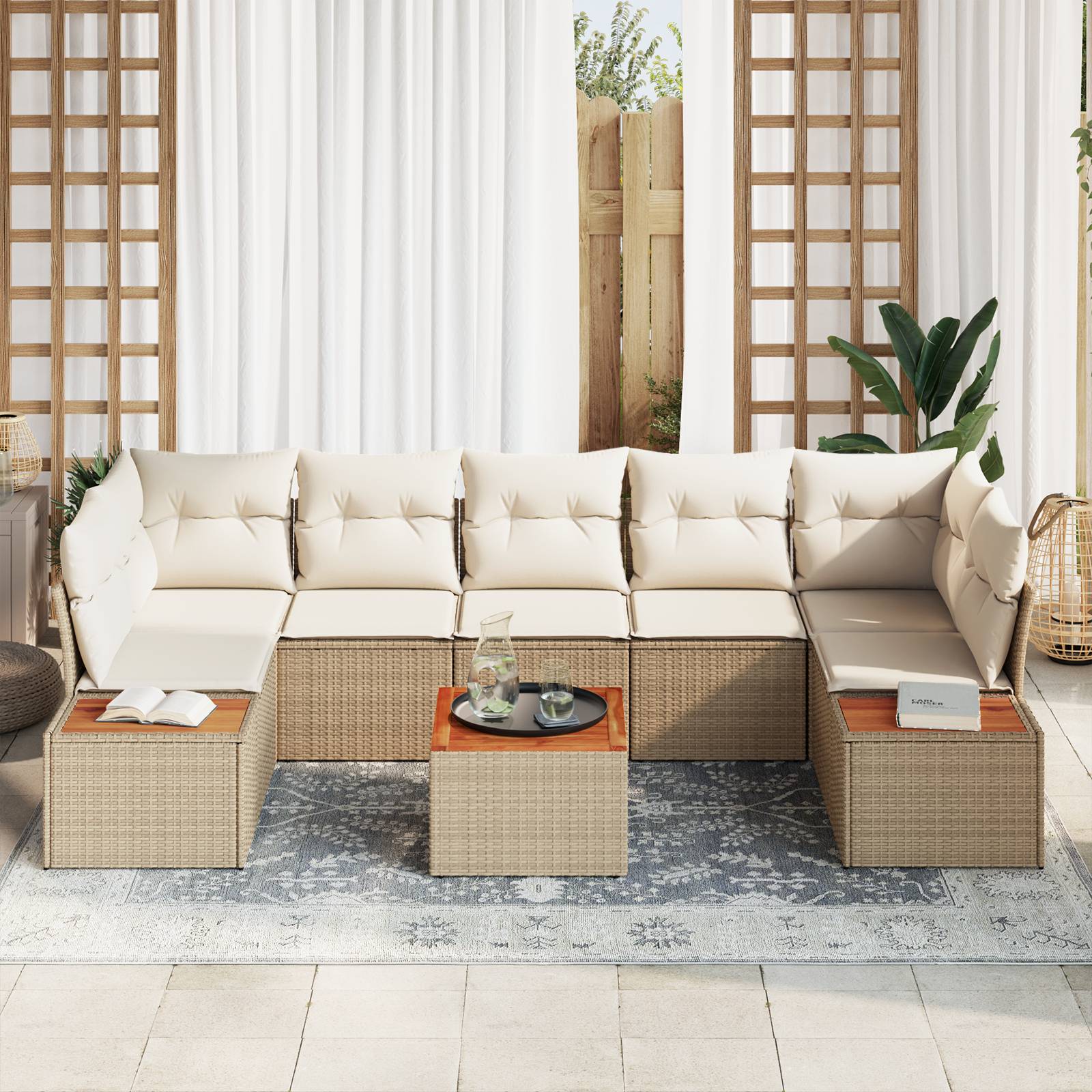 vidaXL 8-teiliges Garten-Sofa-Set mit Kissen Beige Poly-Rattan Akazie