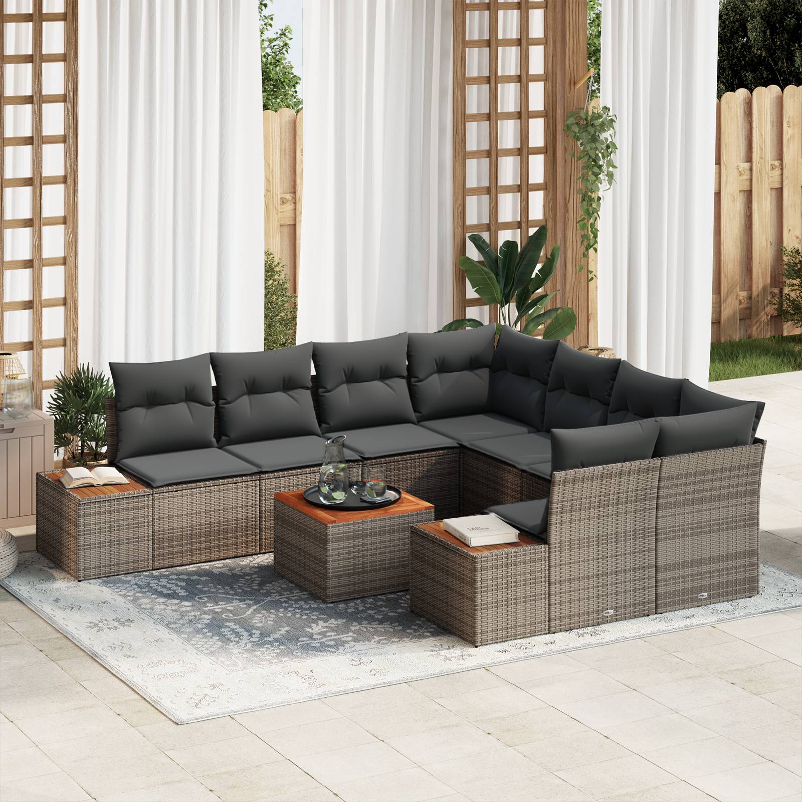 vidaXL 9-teiliges Garten Sofa Set mit Kissen Grau Poly Rattan Akazie
