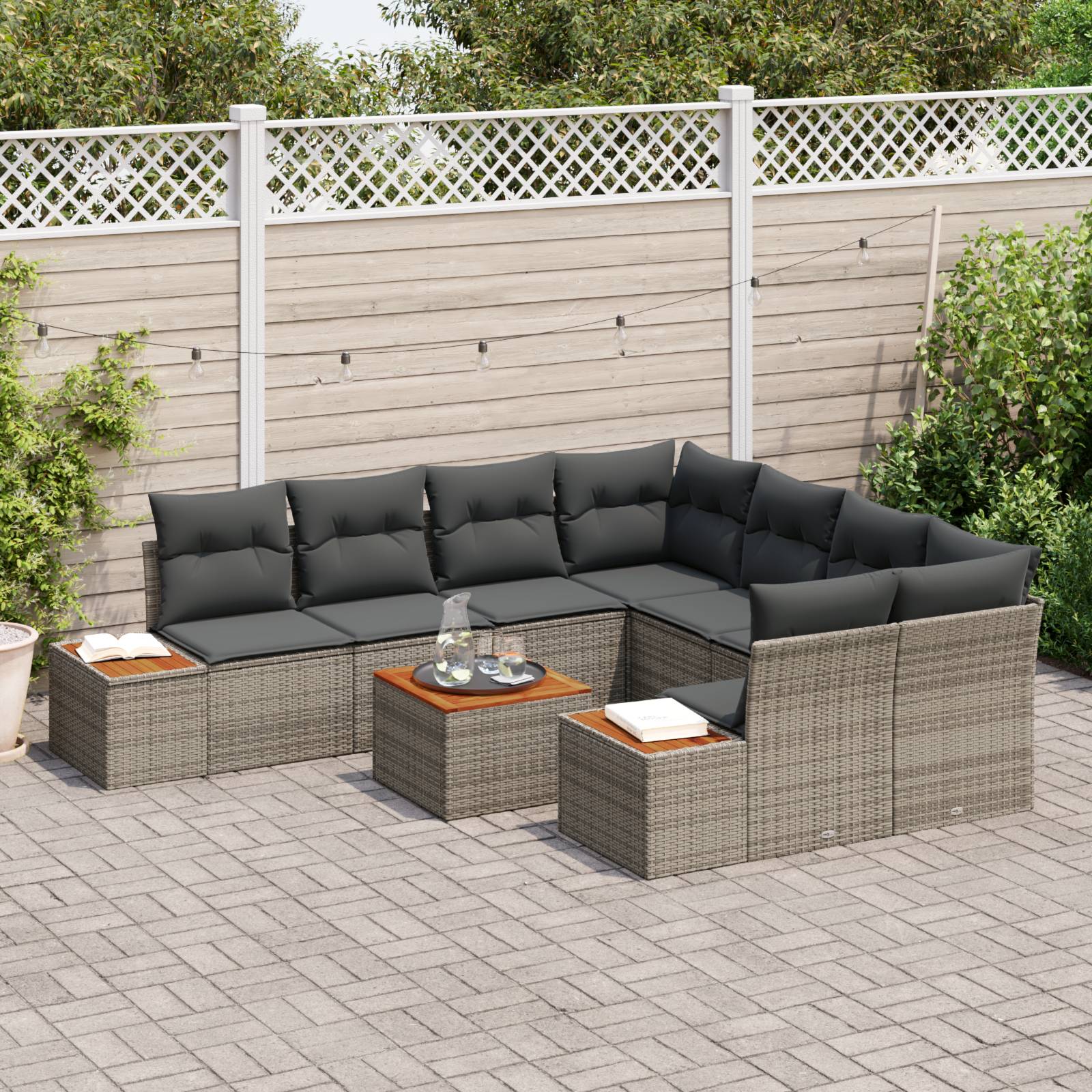 vidaXL 9-teiliges Garten Sofa Set mit Kissen Grau Poly Rattan Akazie