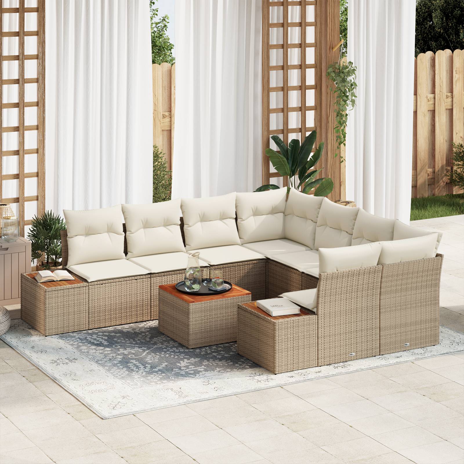 vidaXL 9-teilige Garten Sofagarnitur mit Kissen Beige Poly Rattan Akazie