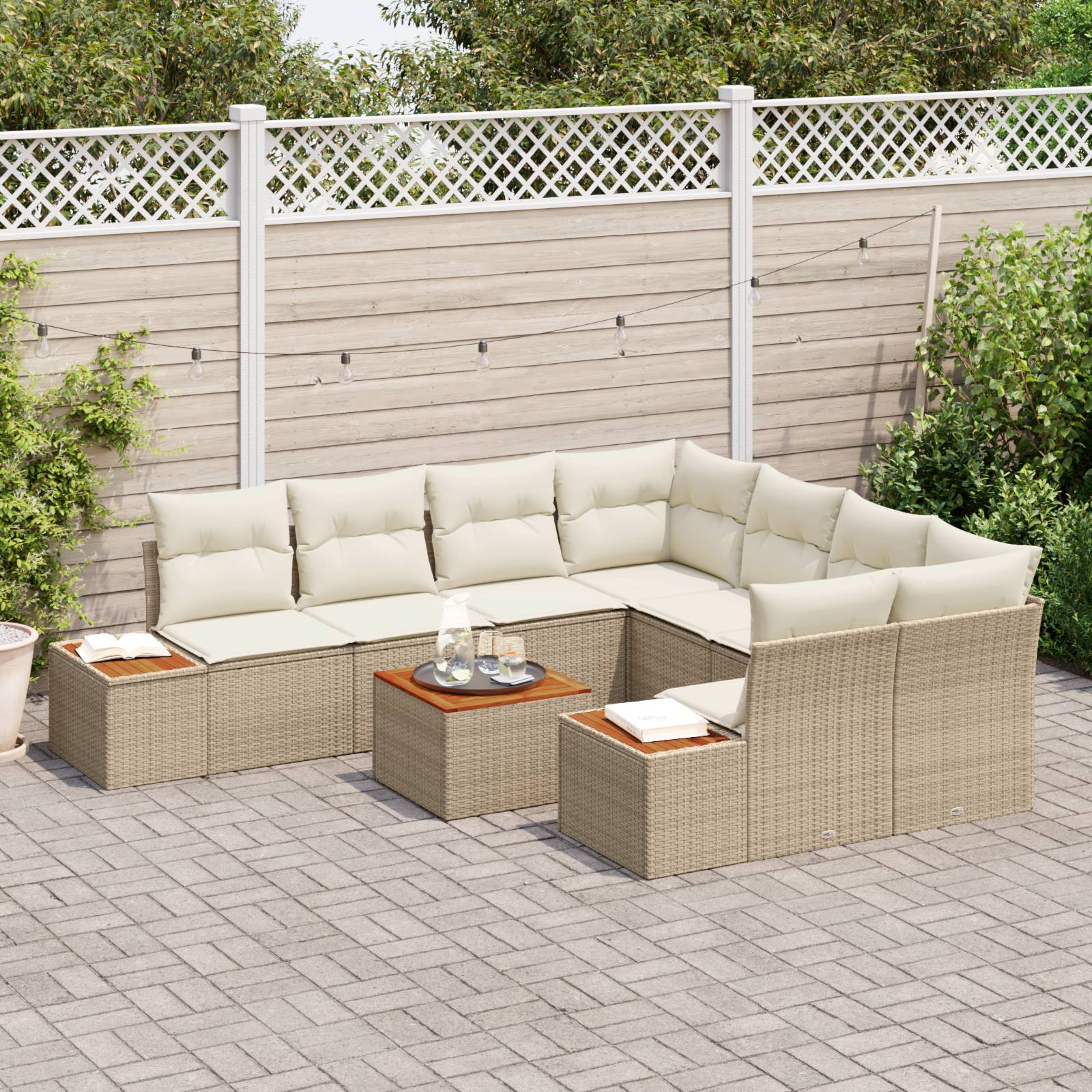 vidaXL 9-teilige Garten Sofagarnitur mit Kissen Beige Poly Rattan Akazie