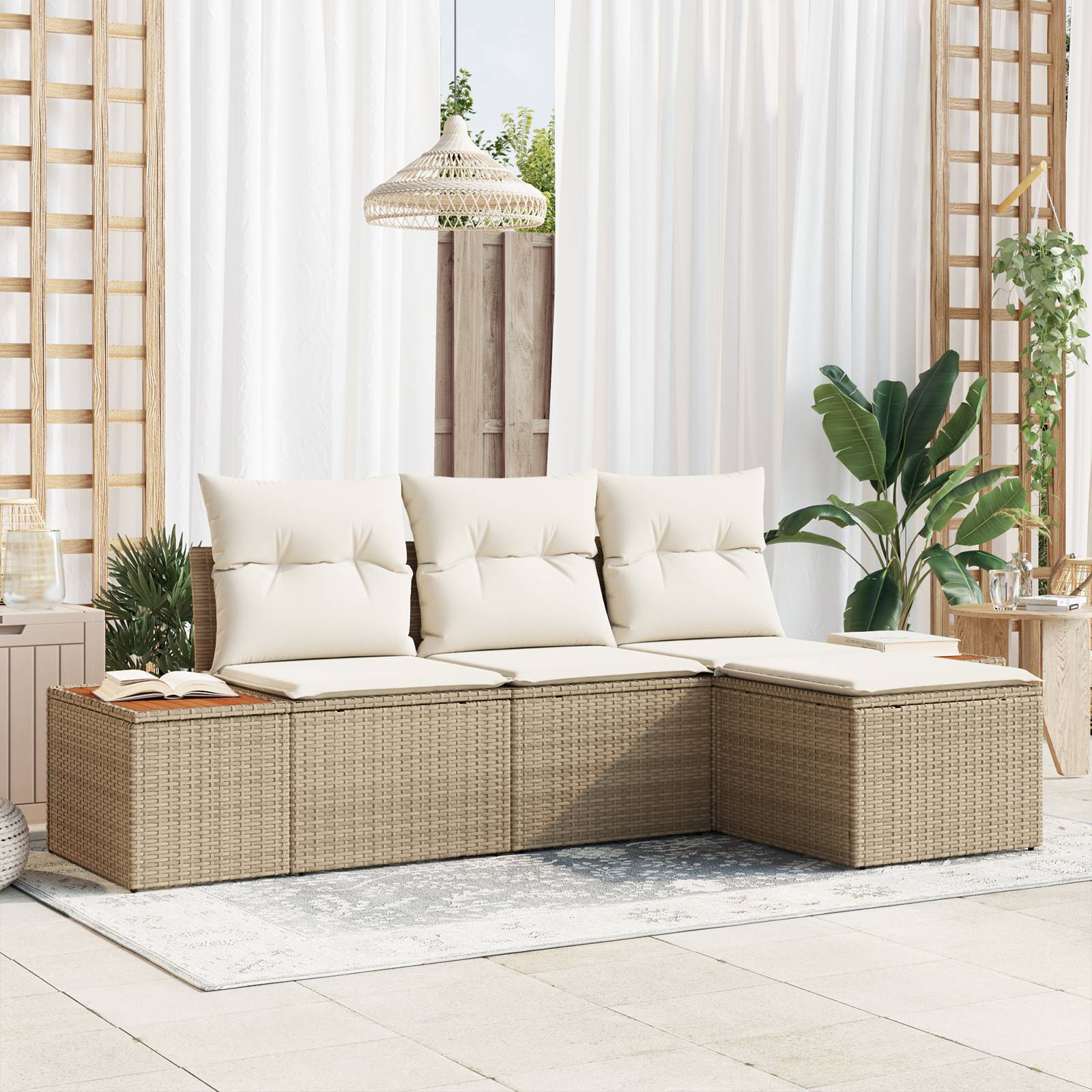 vidaXL 4-teiliges Garten Sofa Set mit Kissen Beige Poly Rattan Akazie