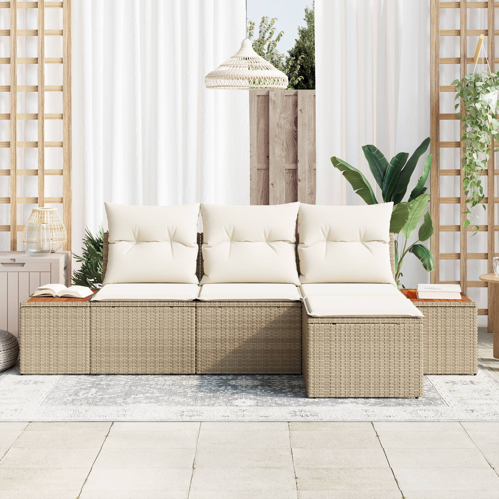 vidaXL 4-teiliges Garten Sofa Set mit Kissen Beiger Poly Rattan Akazie