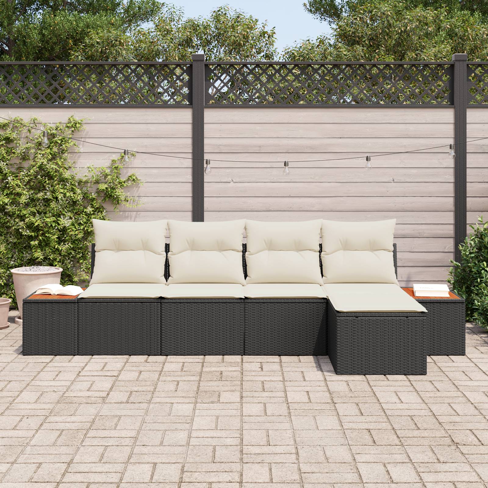 vidaXL 5-teiliges Garten Sofaset mit Kissen Schwarz Poly-Rattan Akazie