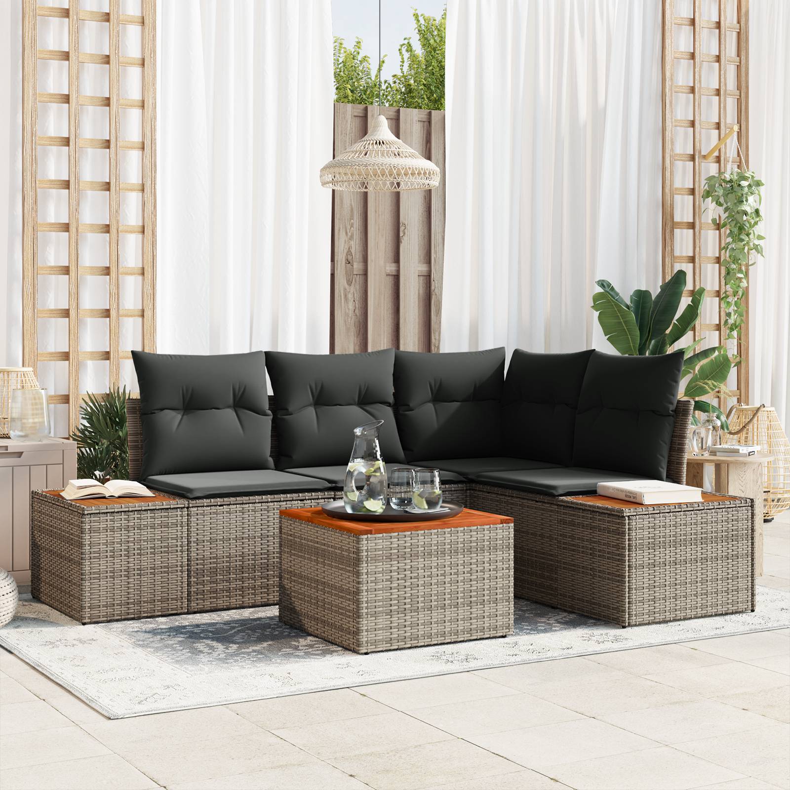 vidaXL 5-tlg. Garten-Sofagarnitur mit Kissen Grau Poly Rattan Akazie