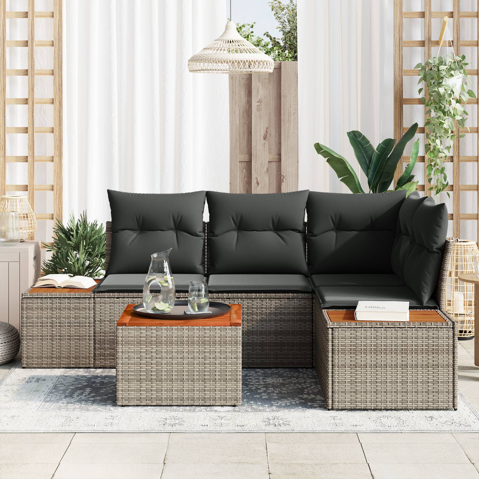 vidaXL 5-tlg. Garten-Sofagarnitur mit Kissen Grau Poly Rattan Akazie