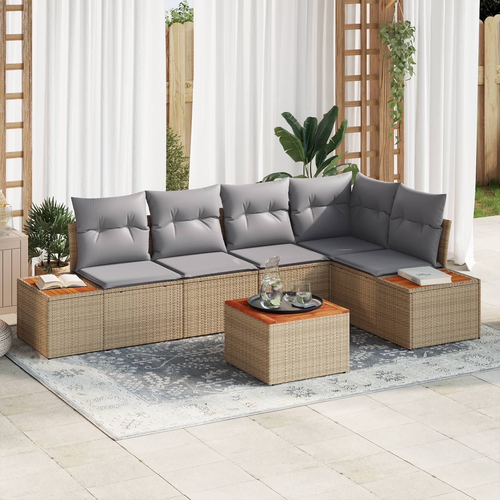vidaXL 6-tlg. Garten-Sofagarnitur mit Kissen Beige Poly Rattan Akazie