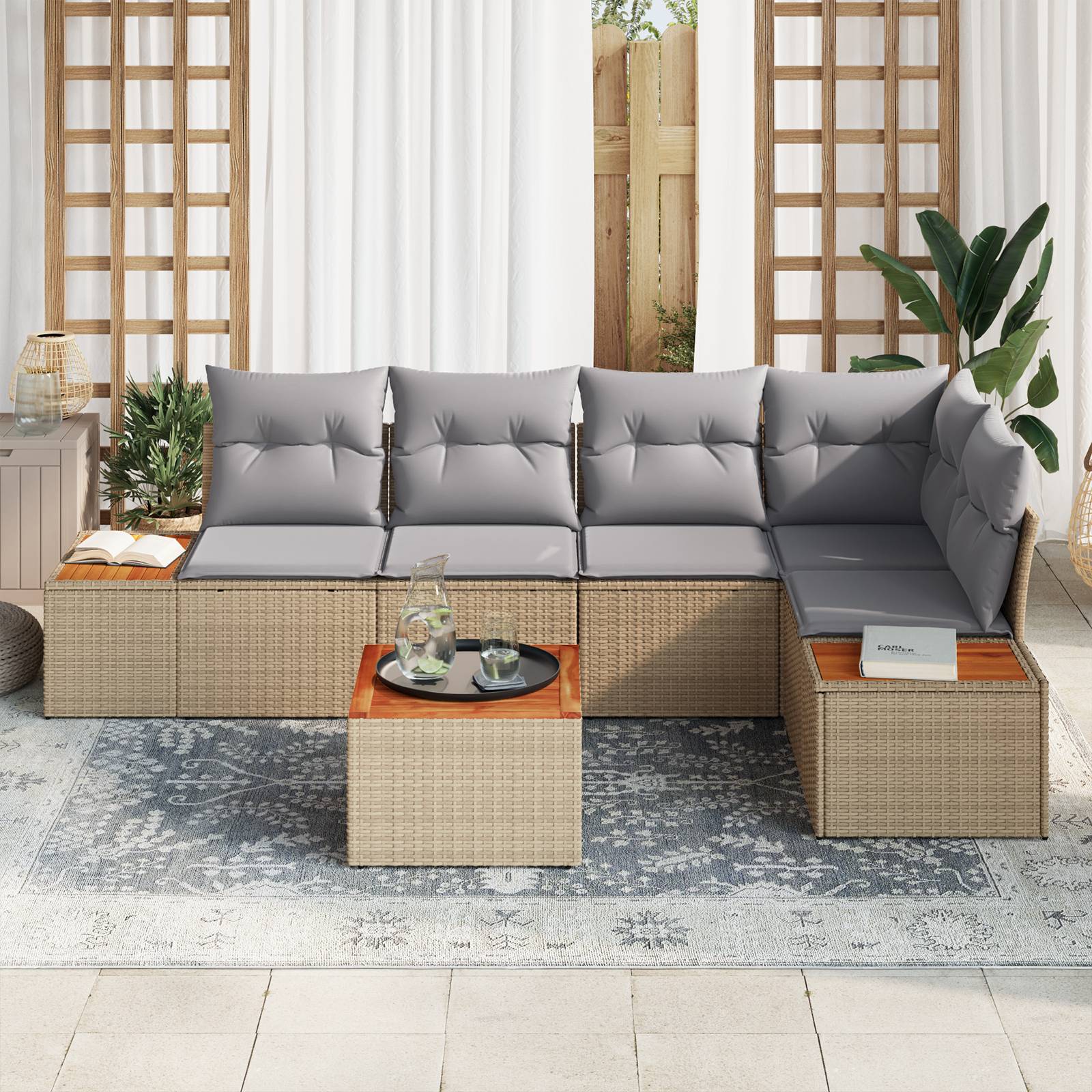 vidaXL 6-tlg. Garten-Sofagarnitur mit Kissen Beige Poly Rattan Akazie