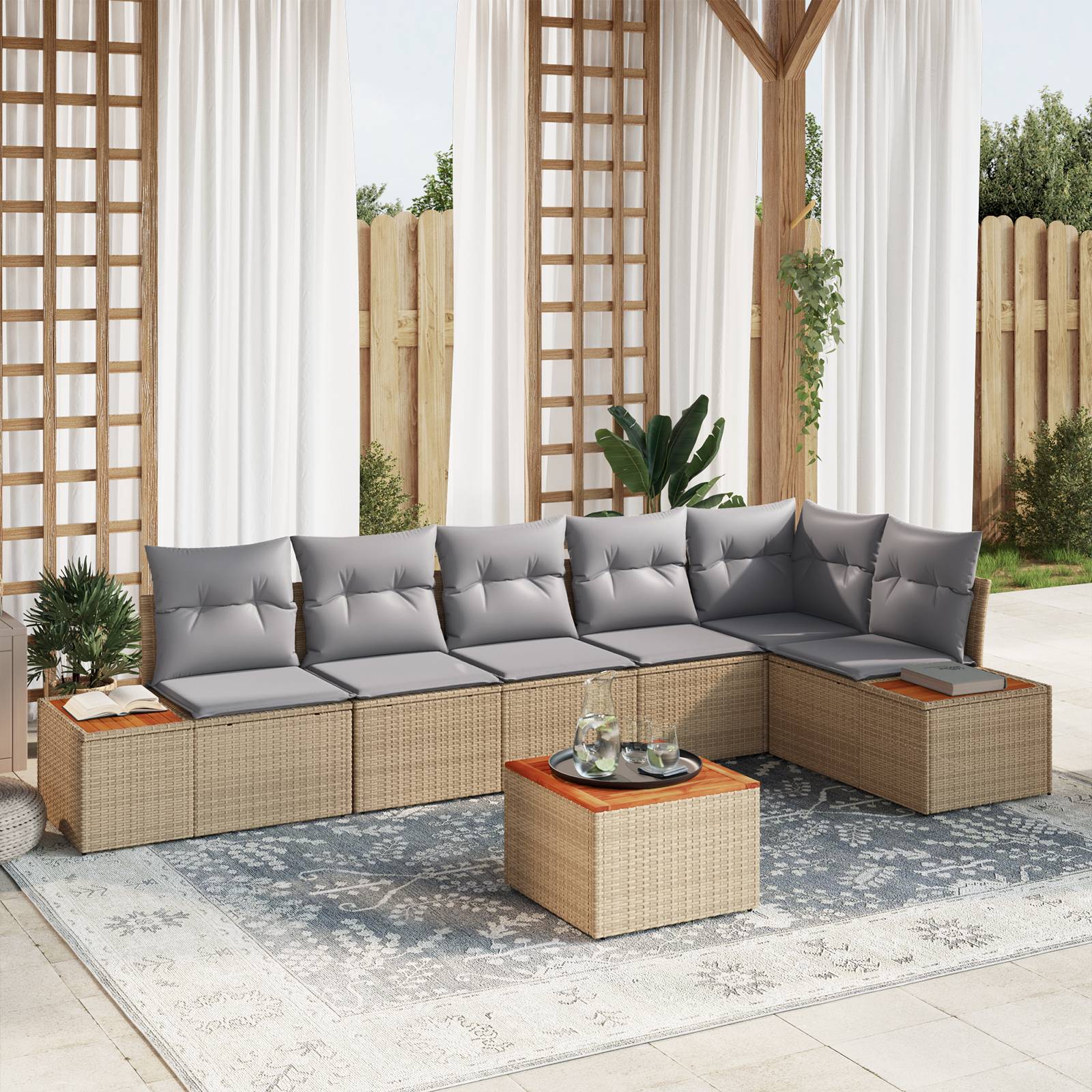 vidaXL 7-teiliges Garten-Sofa-Set mit Kissen Beige Poly-Rattan Akazie
