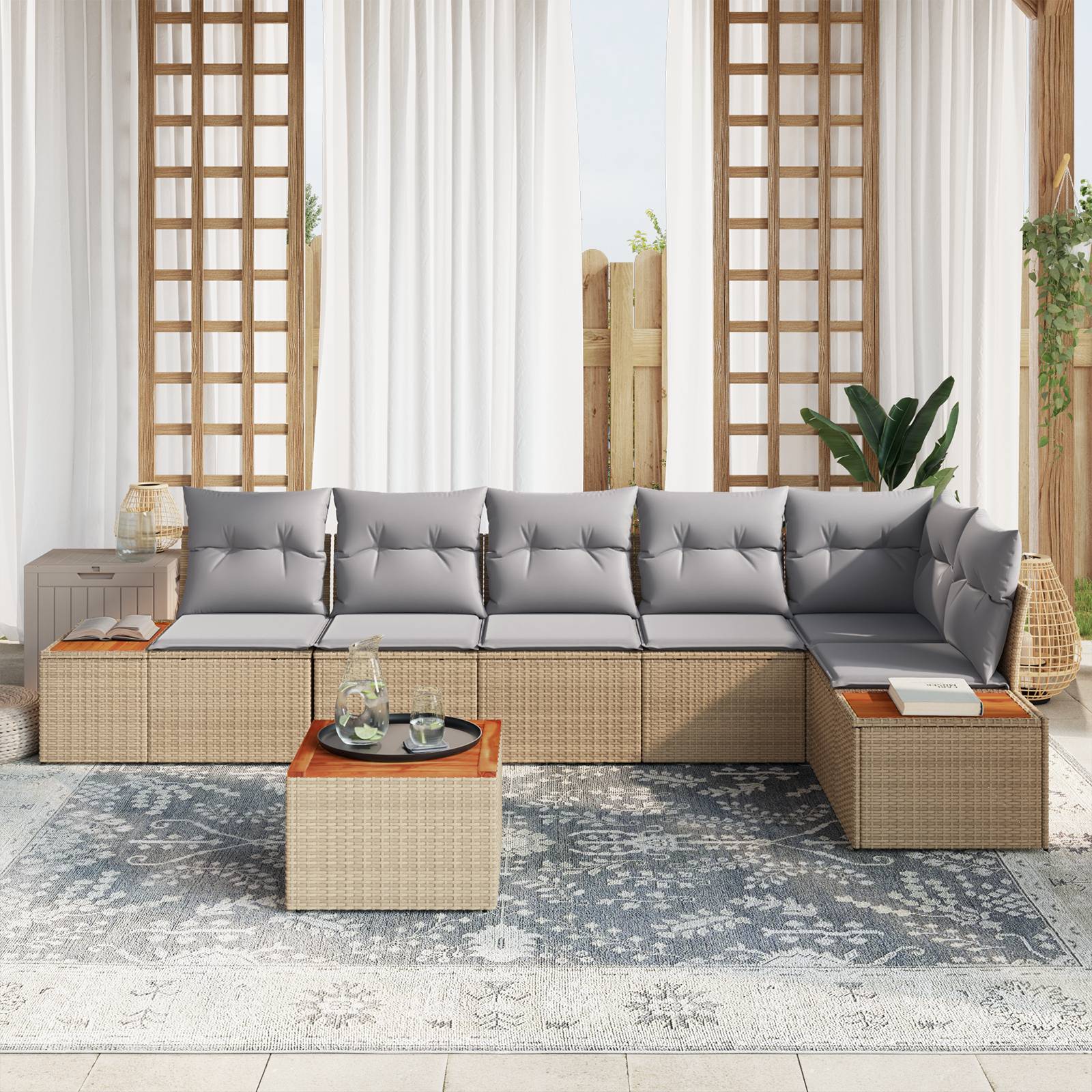 vidaXL 7-teiliges Garten-Sofa-Set mit Kissen Beige Poly-Rattan Akazie
